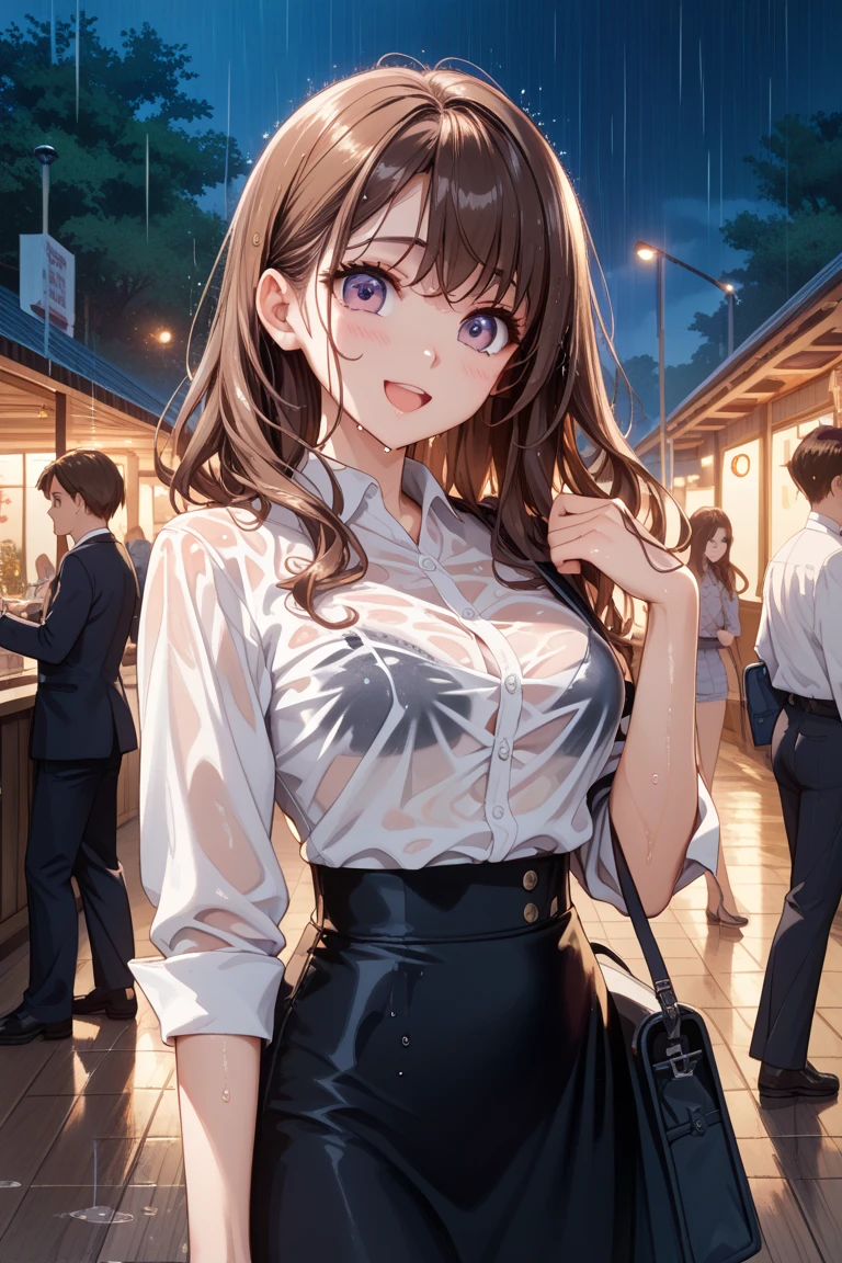 ((masterpiece, best quality, highres, UHD, perfect pixel, depth of field, 4k, RTX, HDR))), 1girl, single, solo, beautiful anime girl, beautiful artstyle, anime character, 24 years old, ((long hair, bangs, dark brown hair, curly hair:1.2, hair pin)), ((detailed face, blushing:1.2)), ((green eyes:1.8, sparkling effect, detailed eyelashes)), ((smooth texture:0.75, realistic texture:0.5, anime CG style)), ((medium breasts, cleavage:0.95)), dynamic angle, busty, perfect body, ((close up, POV, portrait, holding face)), ((white sweater, skirt:1.5, skirt folds, pleated skirt style, sliver necklace)), (visible bra straps, bra straps), night, night lamp, bokeh:1.4, (outdoor, city buildings, crowd), (fashionable, handbag)