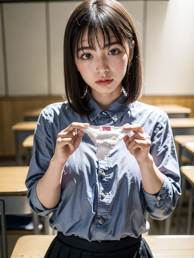 (absurdres:1.3),8K,(detailed photograph:1.5),(detailed face and skin:1.3),(ultra high res:1.5),(photorealistic:1.5),symmetric clear eyes,well-groomed face,(ray tracing:1.3) ,1girl, Japanese,high school girl, BREAK (wearing Japanese high ,white shirt,red school ribbon tie,:1.3),(bottomless,no panty,hairy pussy, camel toe:1.2) BREAK (presenting panties),masterpiece, best quality, highly detailed,classroom, BREAK (Black short bowl cut hair side bangs),focus panty,cinematic lighting,(blushing:1.3),(Stain on panties:1.4),