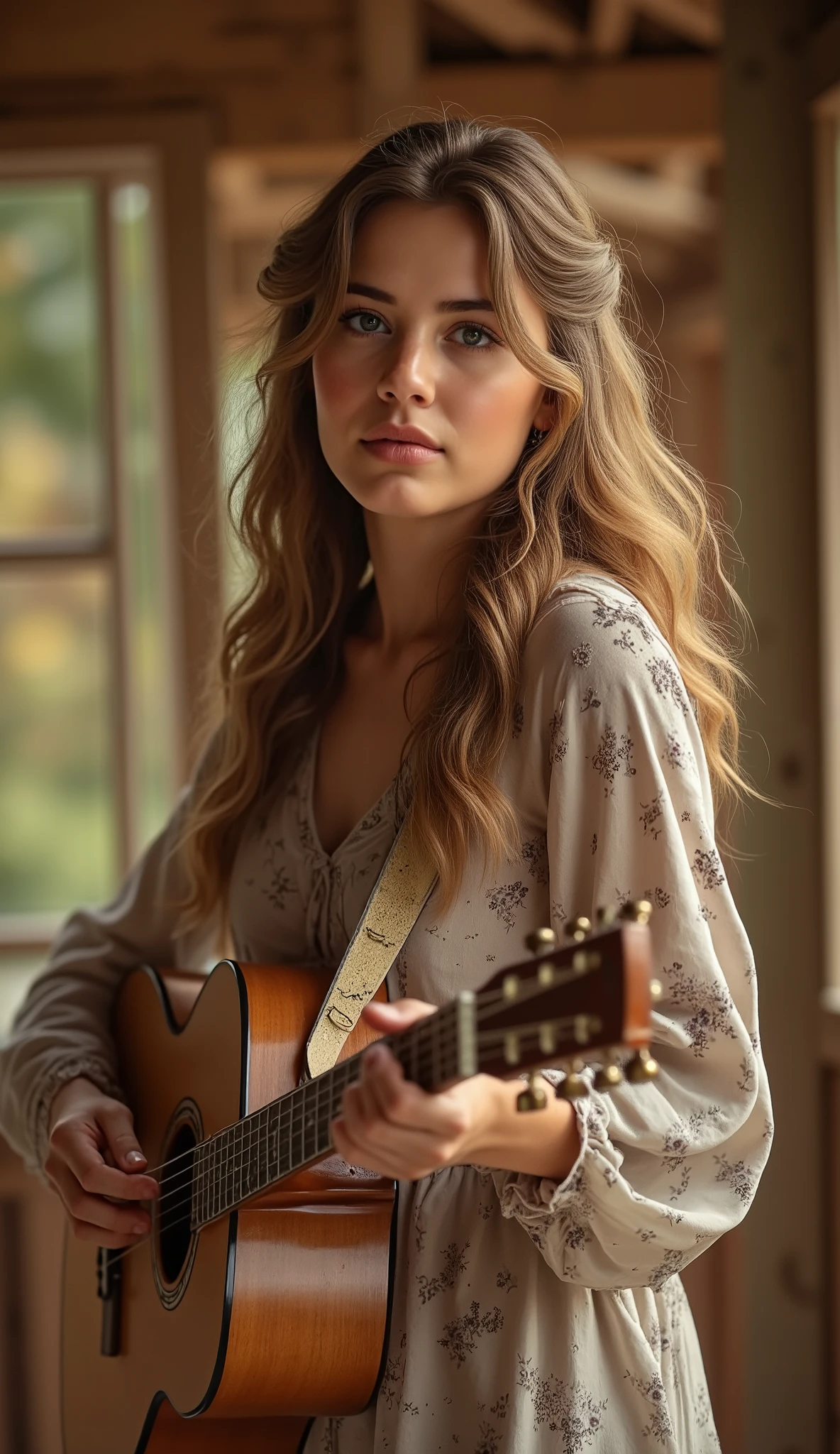 a pretty girl is singing and playing guitar, open eyes