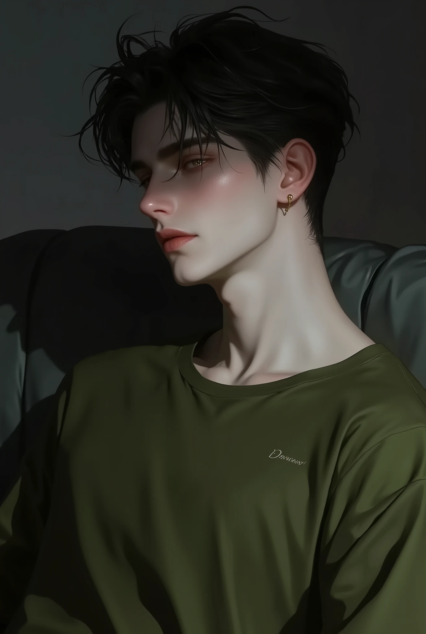 Realistic digital painting
Portrait of a young man
Moody, contemplative expression
Soft, natural lighting
Dark, messy hairstyle
Olive-green long-sleeved shirt
Handsome, elegant male character
Pale skin, subtle glow
Dark aesthetic, melancholic atmosphere
Detailed facial features, expressive eyes
Modern casual attire
Bedroom setting with dim light
High contrast shadows and highlights
Sensual and introspective mood
Smooth rendering, highly detailed textures