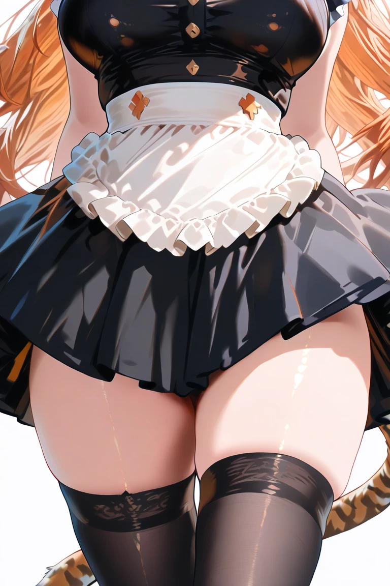 1girl, ahoge, ass, asymmetrical legwear, bent over, blonde hair, boots, fishnet pantyhose , fishnets, from behind, green eyes, huge ass, long hair, looking back, no panties, open mouth, pantyhose, pantyhose under shorts, partially visible vulva, plaid background, short shorts, shorts, single leg pantyhose, smile, solo, thigh boots, thighhighs, uneven legwear, upshorts