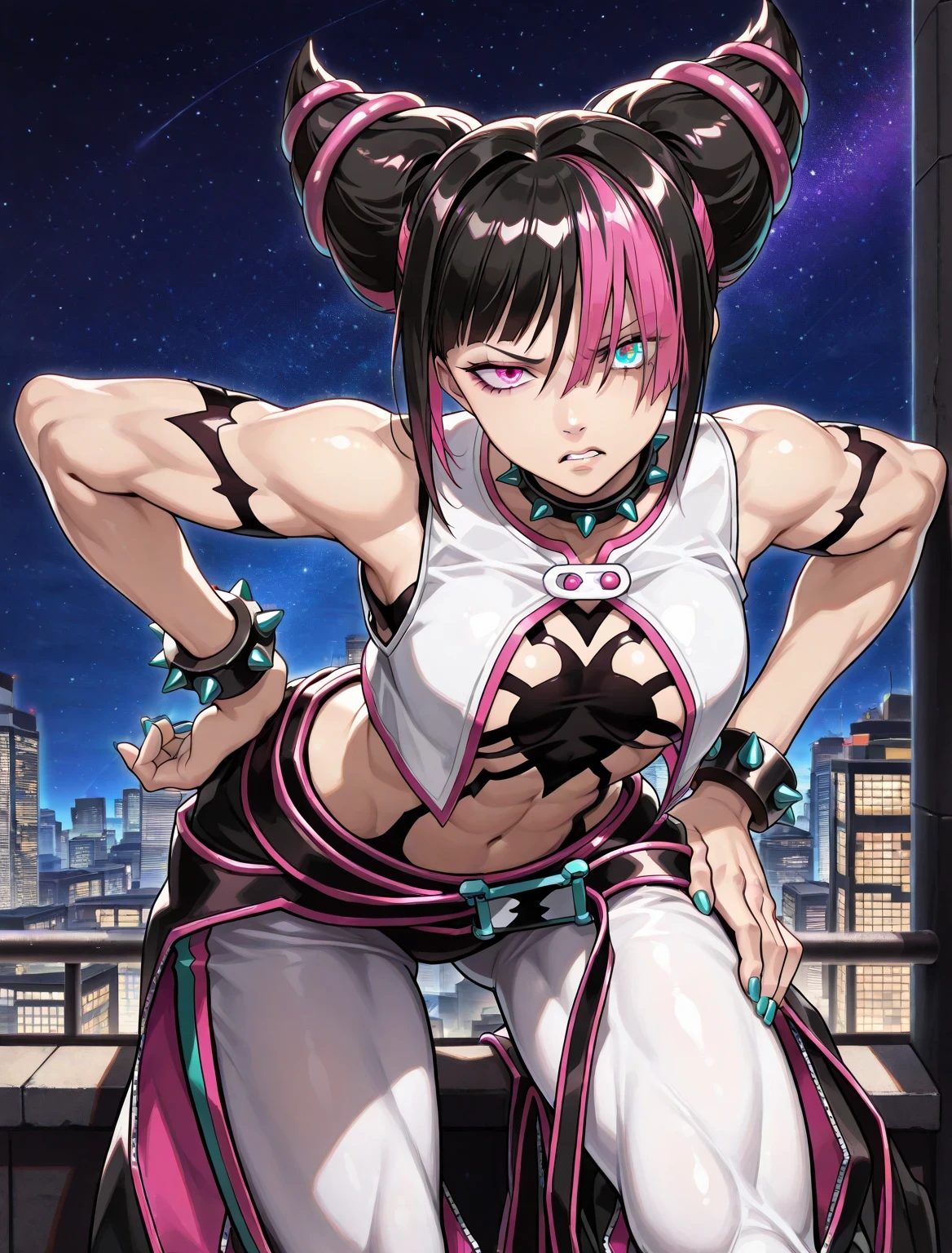((juri han)), ((sf6juric2)) ((masterpiece)), ((high resolution)), ((solo portrait)), {(attractive figure), (toned body), (beautiful legs), (turquoise nails), (hair horns), (pink dyed bangs), (heterochromia), (pink and turquoise eyes), (parted lips), (annoyed look)}, {(white vest top), (sleeveless), (white leggings), (baggy open black pants), (white leggings), (spiked bracelet), (spiked choker)}, {(leaning forward), (hand on hip), (head tilted up), (looking at viewer)}, ((city alleyway)), ((nighttime)), ((starry sky))