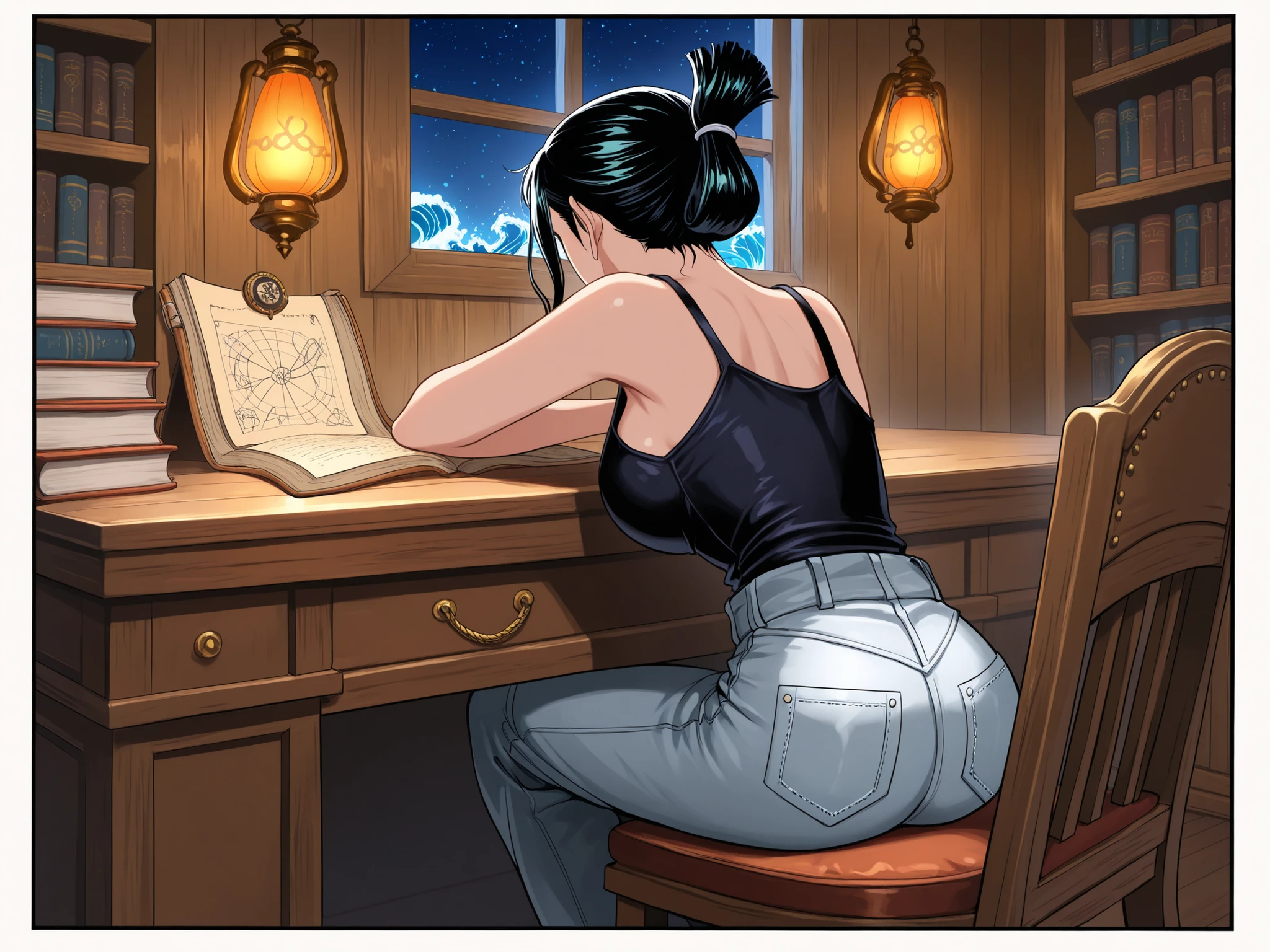 (masterpiece, best quality), vibrant anime illustration, Nico Robin (One Piece) with raven-black hair in a loose topknot and face-framing strands, wearing faded grey denim overalls with both straps fastened over a modest black tank top, seated on chair at a polished oak desk in a pirate-ship library, curved wooden bookshelves built into the hull, large rectangular window behind her revealing moonlit ocean waves under a starry sky, old leather-bound tomes and rolled nautical charts scattered around, warm lantern glow casting soft shadows across her focused face, floating dust motes, crisp line art, smooth cel shading, atmospheric scholarly pirate vibe