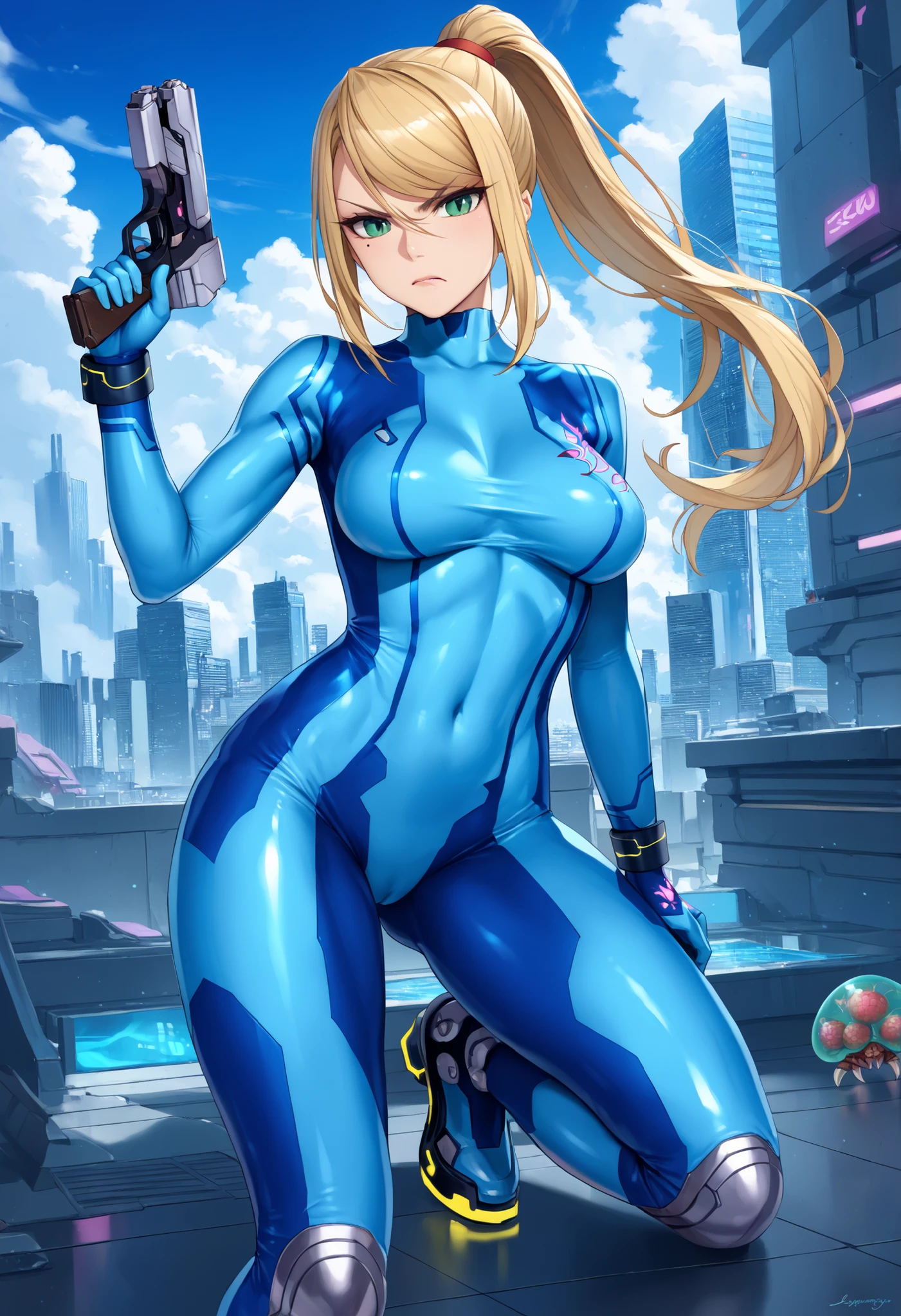 masterpiece, best quality, integrated scenery, integrated background, extremely delicate and beautiful, meticulous details, good composition, , cute face, perfect face, perfect hands, 1girl, Samus Aran (\Metroid\) very_young_1teen,solo, ponytail, blond hair, (blue_metallic_bodysuit:1.5), meticulously_body_shaped_bodysuit,thin_bodysuit, green eyes,angry, in futuristic city, high quality, large_breasts,(covered_nipples:0.2),crotch, (crotch_slit:1.1),apart_legs,slouch,handgun,raise_knee,mole,:).,(abs:0.4),dynamic_pose,short_boots,aiming_handgun,