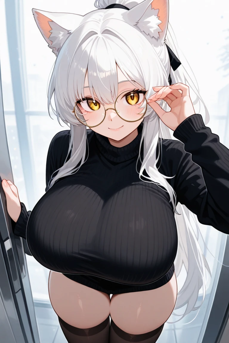 Girl with white hair, cat ears, black glasses, blushing extremely, she has put on a bra if her breasts are small, grabbing her breasts, a black skirt, a cat tail with black stockings on the bed