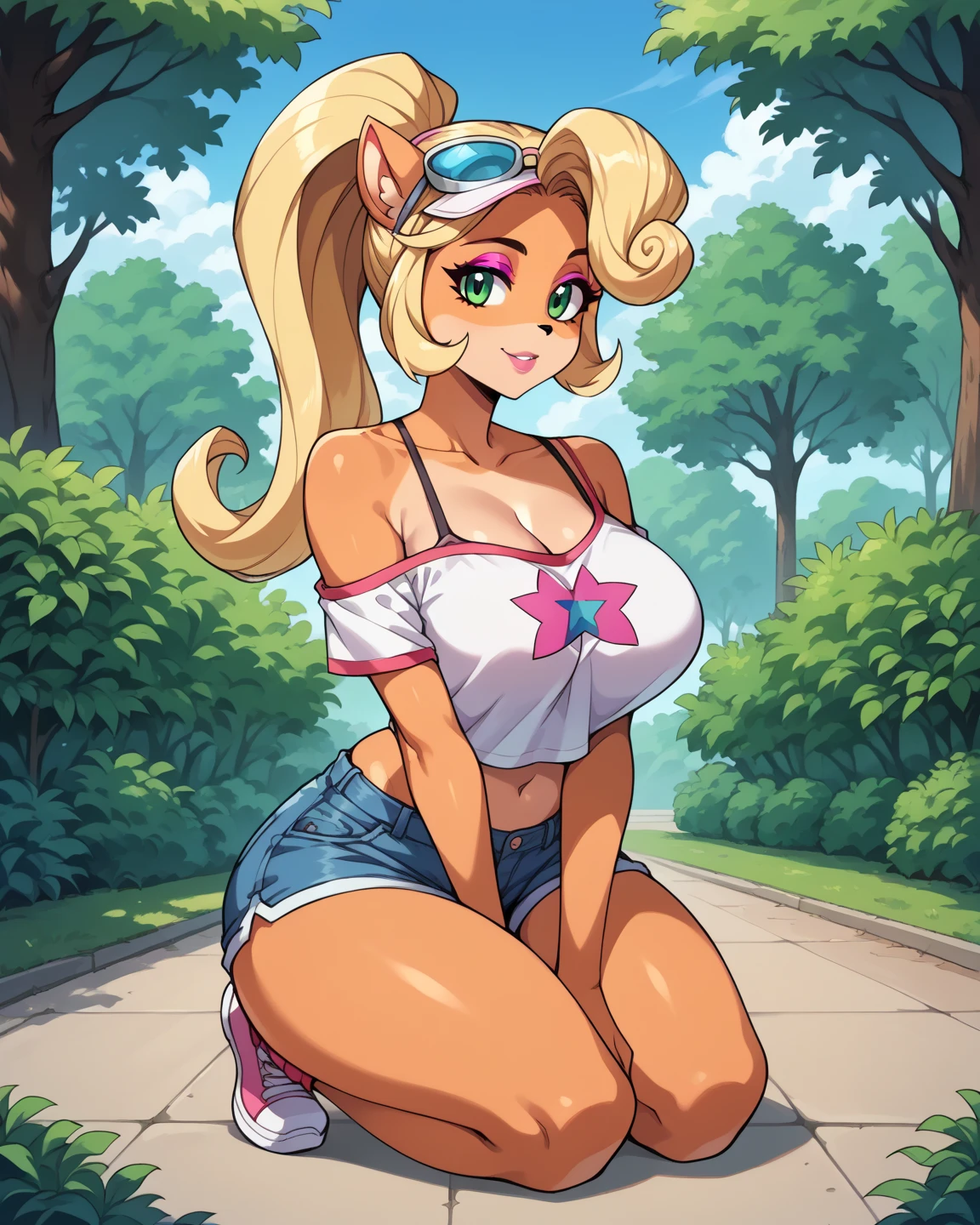 Fluttershy, anthro, cute, blushing, wide hips, large breast, hooves as feet, bikini armor, forest, bikini, lake, knee high socks, gloves, armor, teal eyes