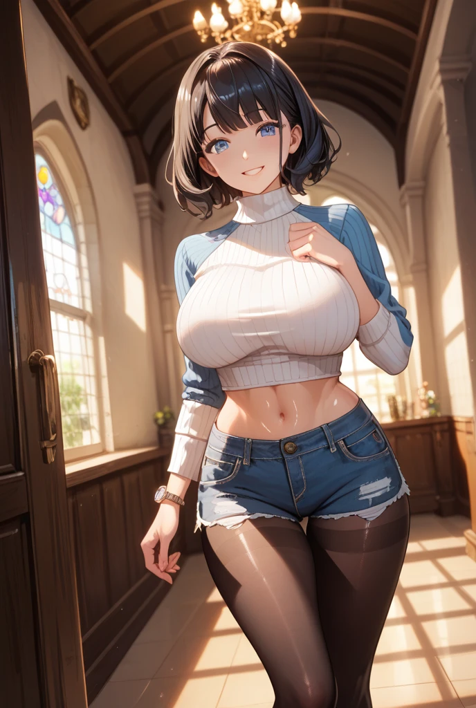 Masterpiece, Best Quality, ultra detailed, 1 girl, Without pole, sin sosten, naked breasts, denim shorts, shackles, canine, detailed skin texture, beautiful detailed face, seductive smile, seducing, (huge breasts, curves, voluptuous)
