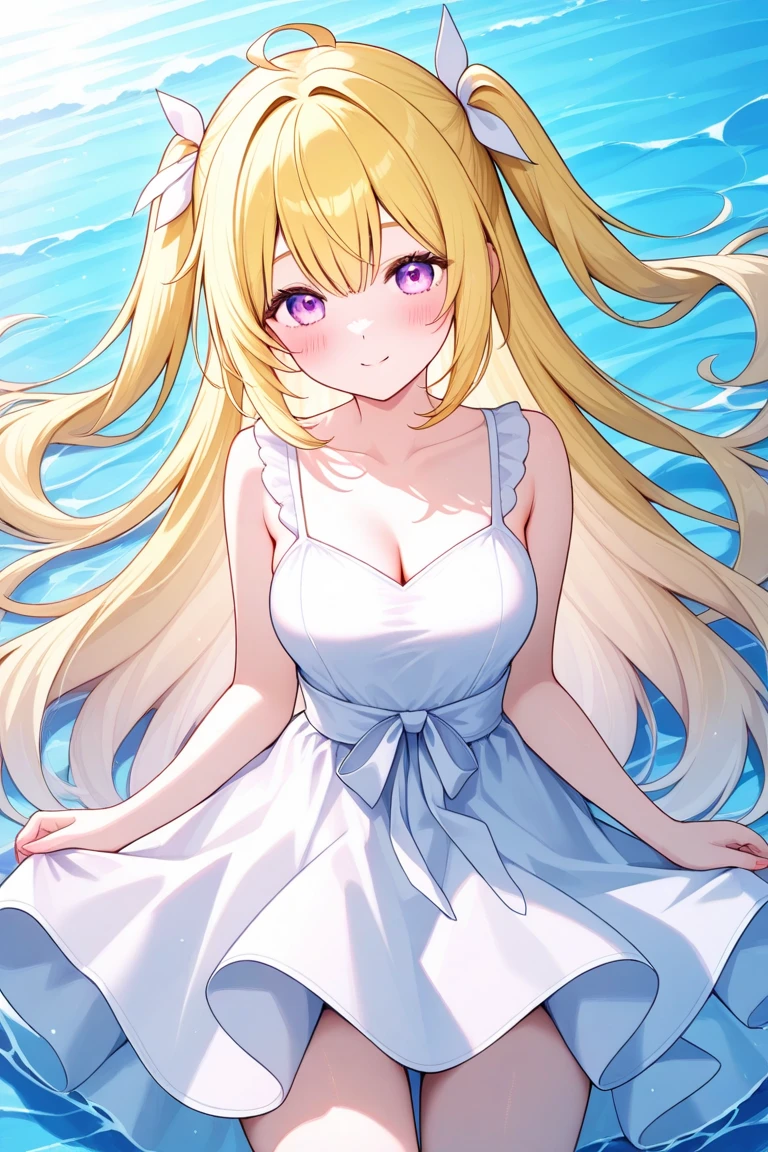 1girl, solo, one eye closed, dress, fruit, long hair, food, breasts, white dress, blue eyes, looking at viewer, blush, leaf, bangs, bare shoulders, sleeveless, collarbone, bow, medium breasts, ribbon, hair ribbon, sleeveless dress, closed mouth, blurry, very long hair, blonde hair, bare arms, orange (fruit), hair between eyes, hair bow