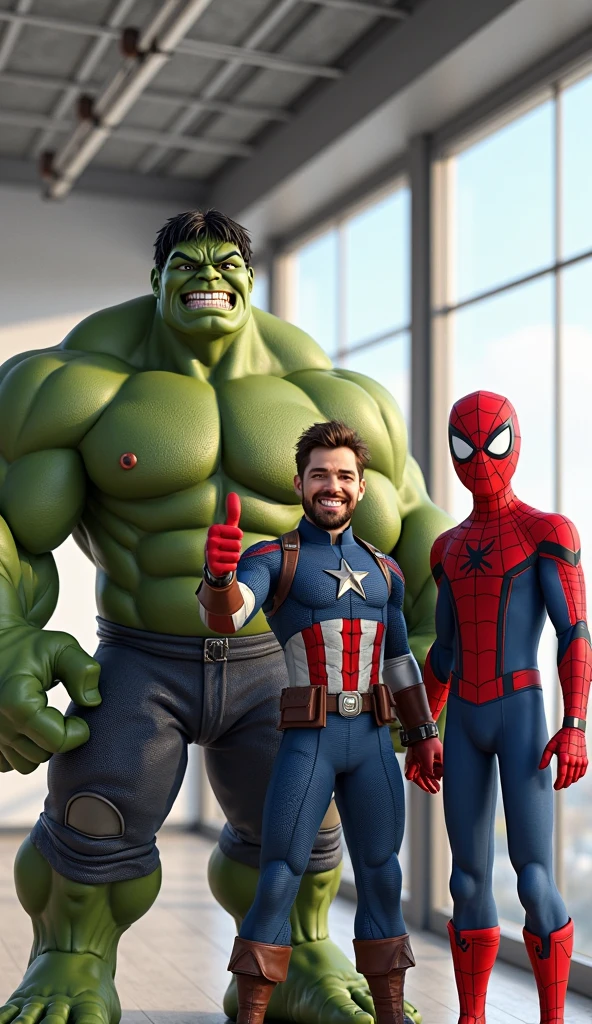 A satire photorealistic picture of Superman, Ironman, and Hulk in casual outfits, with facial expressions matching their personalities, arguing about which car is the fastest in a car show program setting, with a trophy for the winner, perfectly detailed sneakers, a confused car enthusiast in the background, and funny posters on the studio walls. realistic style