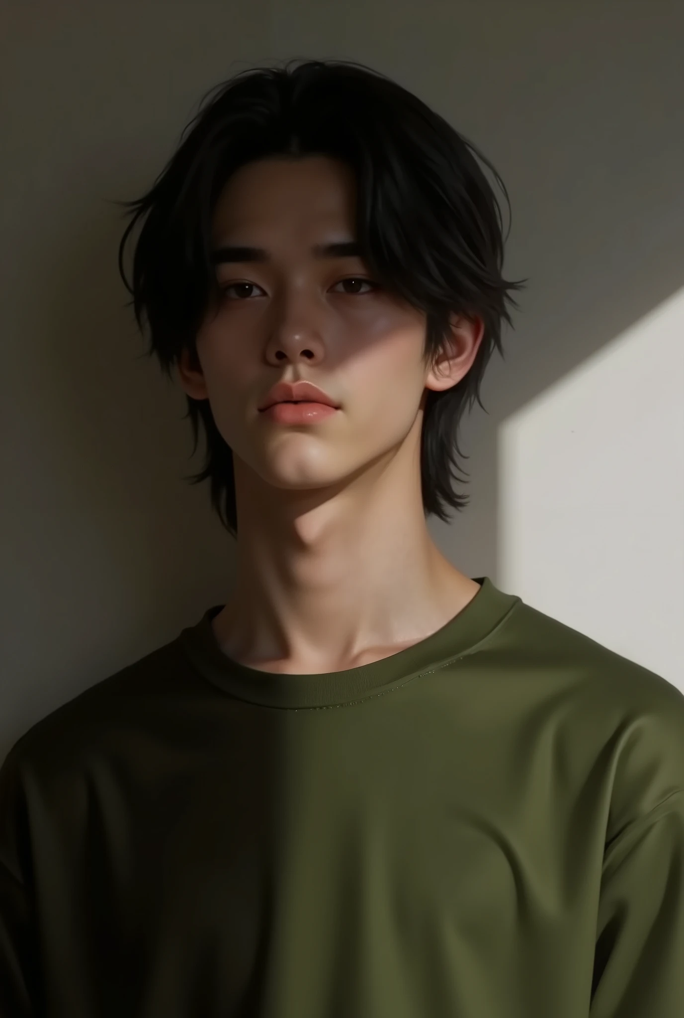 Realistic digital painting
Portrait of a young man
Moody, contemplative expression
Soft, natural lighting
Dark, messy hairstyle
Olive-green long-sleeved shirt
Handsome, elegant male character
Pale skin, subtle glow
Dark aesthetic, melancholic atmosphere
Detailed facial features, expressive eyes
Modern casual attire
Bedroom setting with dim light
High contrast shadows and highlights
Sensual and introspective mood
Smooth rendering, highly detailed textures