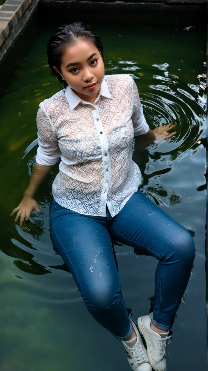 A joyful young person laughing while sitting under the rain in a lush, tropical setting with flowing water around them, wearing a wet white t-shirt. The scene captures a sense of freedom and happiness amid a beautiful natural background.