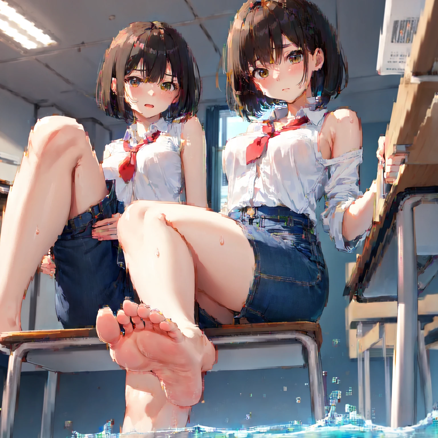 3 girls 7 years old anime, The pussy is clearly visible, Very thin, flat chest, thin waist, narrow hips, naked on the playground, Squat, Group photo, urination, писают, shame, fear, horror in the eyes