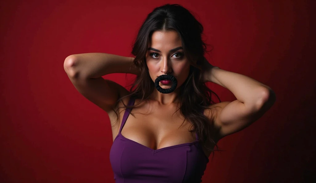 arab woman, young, naked, very curly mullet, septum piercing, dimples, thick belt around neck, naughty expression, tranparent plastic bag over head, head wrapped in pastic, suffocating, choking, red shiny latex bodysuit, close-up, UHD, retina, masterpiece, accurate, anatomically correct, textured skin, super detail, high details, high quality, award winning, best quality, highres