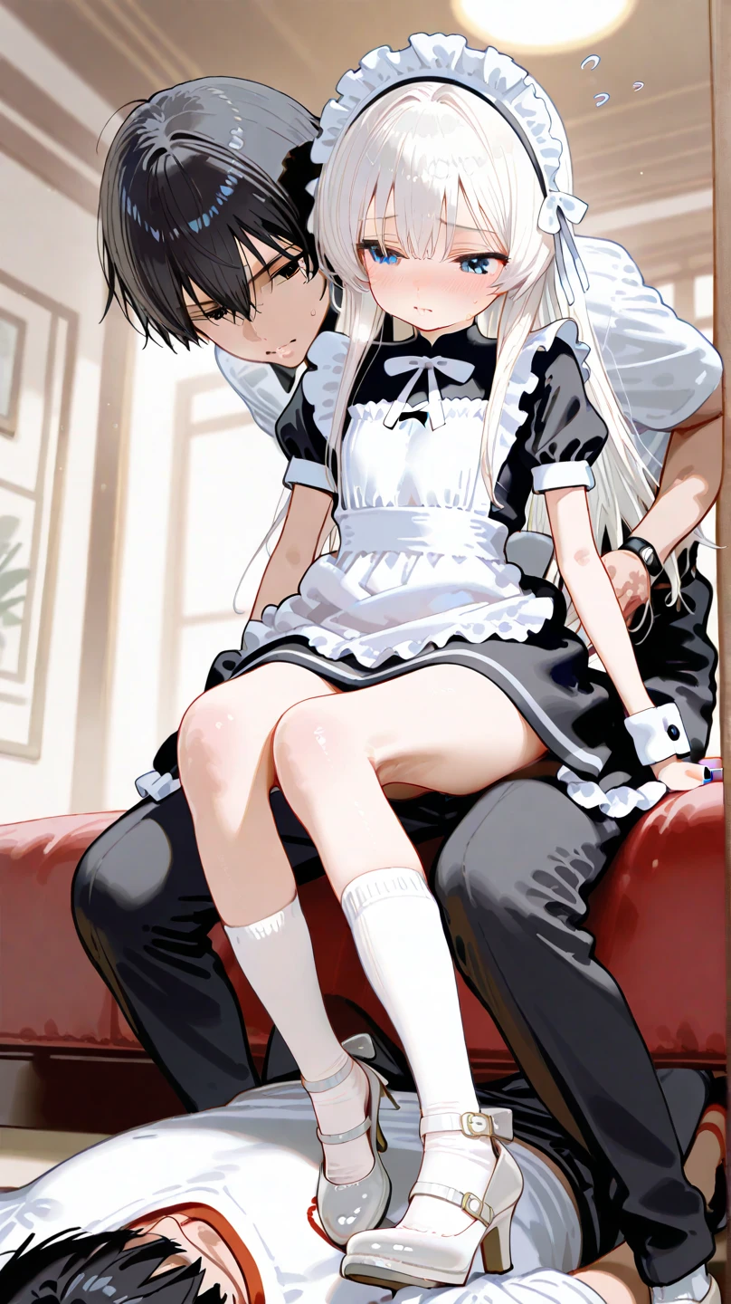 score_9, score_8_up, score_7_up, 1femboy, hospital bedroom, , (cowboy shot:1.2), (Beautiful and detailed eyes description), (Beautiful and detailed face), Perfect tiny body, neat figure, slender waist, (20 years old), long hair, platinum blonde hair, very big eyes:1.2, blue eyes, blush, shy, watery lips, nurse,1femboy, t-shirt with text saying "anal" in heart, tiny erect penis, , sexy, , flat chest, no panties, kneeling, 1 men, huge burly men, fat men, men head out of frame, oral sex, blowjob, sucking men cock, men cock in mouth,