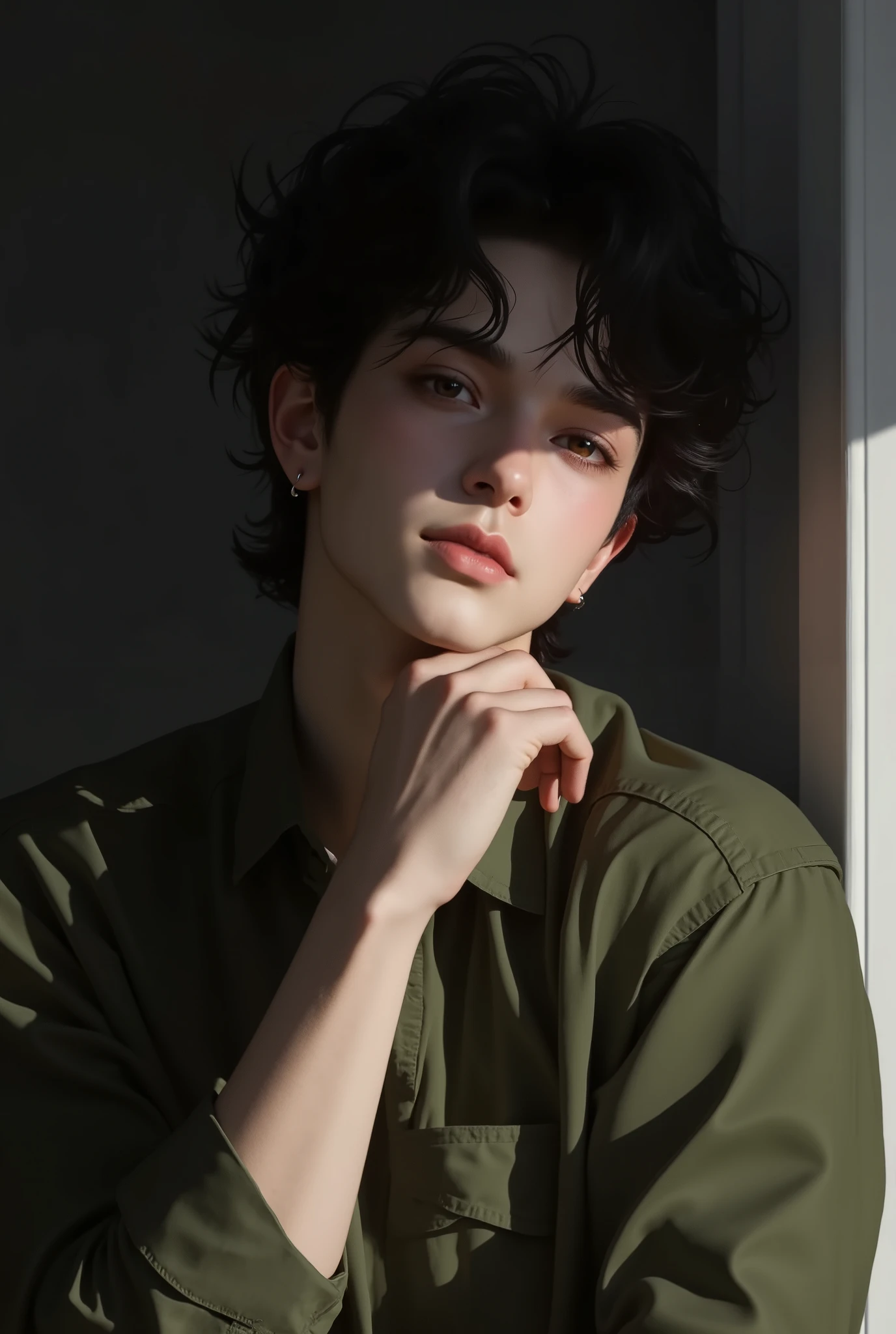 Realistic digital painting

Portrait of a young man

Moody, contemplative expression

Soft, natural lighting

Dark, messy hairstyle

Olive-green long-sleeved shirt

Handsome, elegant male character

Pale skin, subtle glow

Dark aesthetic, melancholic atmosphere

Detailed facial features, expressive eyes

Modern casual attire

Bedroom setting with dim light

High contrast shadows and highlights

Sensual and introspective mood

Smooth rendering, highly detailed textures
