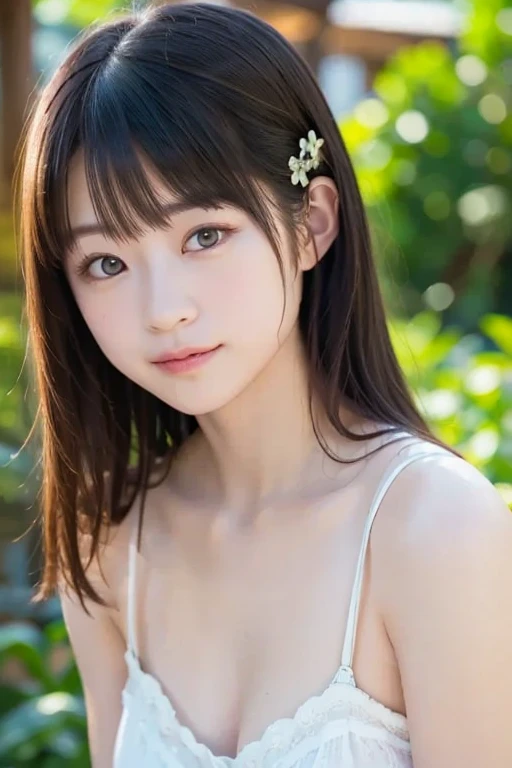 highest quality, High resolution, Realistic photo, Detailed skin texture, (Cute 12 year old Japanese girl wearing a lacy white camisole), (Flat Chest:1.5), To the camera, Slim figure, Fair skin, View your viewers, Focus on the face, In the park with cherry blossoms falling, (:1.2), Hair in close-up
