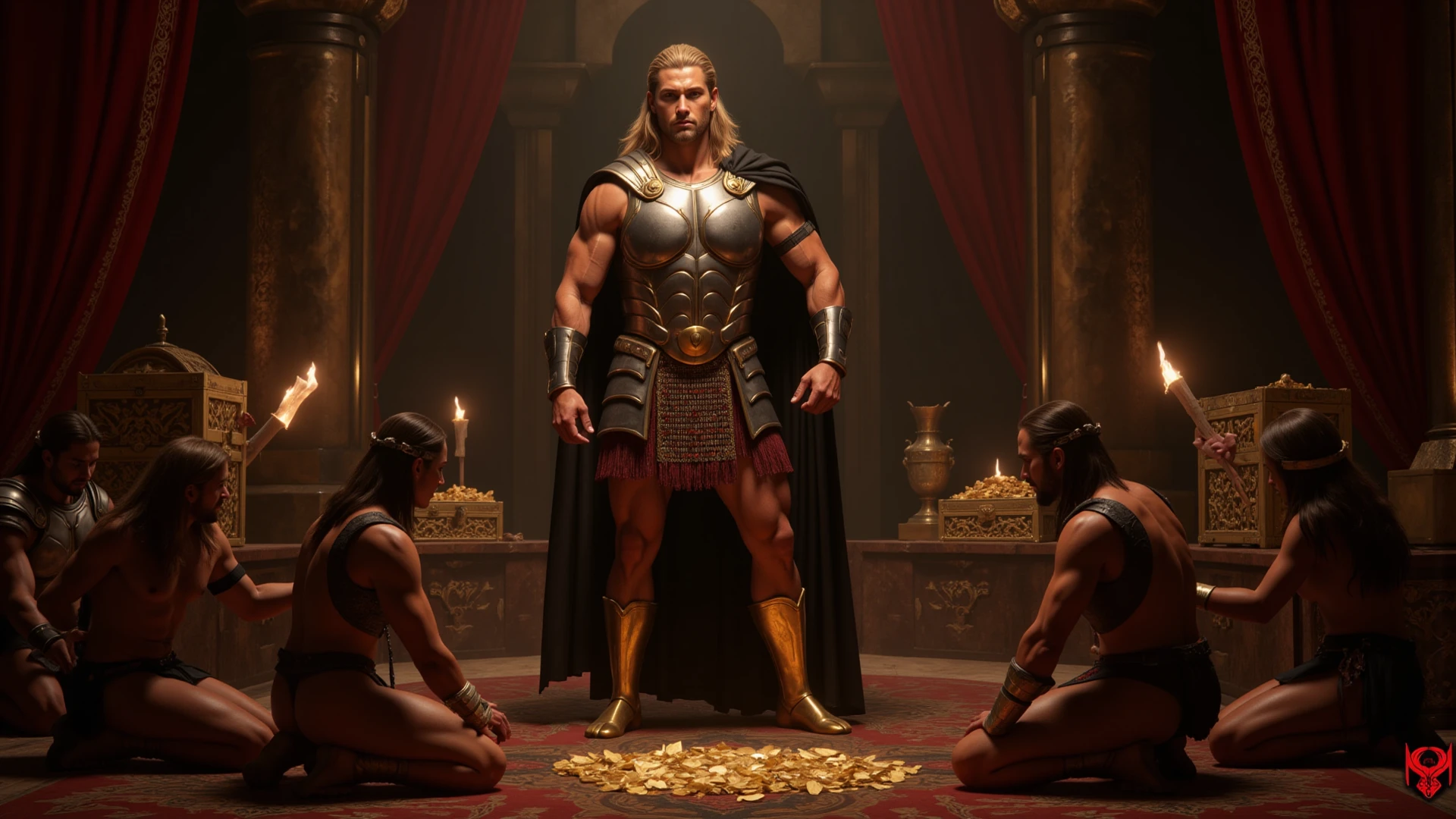 un homme barbu musclé debout avec confiance dans une armure ornée d&#39;medieval inspiration that matches his physique, le pectoral poilu et le six pack doivent être vus, avec des gravures et des motifs complexes. It is located in a cathedral-like setting with a large, bright circular window behind him, jetant un chaud, lumière dorée qui crée une atmosphère éthérée. L&#39;homme a un fort, Imposing presence, with a stern but wise expression. Son armure brille d&#39;a mixture of&#39;or et d&#39;argent, suggérant la noblesse et la force. The cathedral is dimly lit, with garlands of lights adding to the&#39;ambiance mystique, offrant un contraste saisissant avec la fenêtre lumineuse derrière lui.