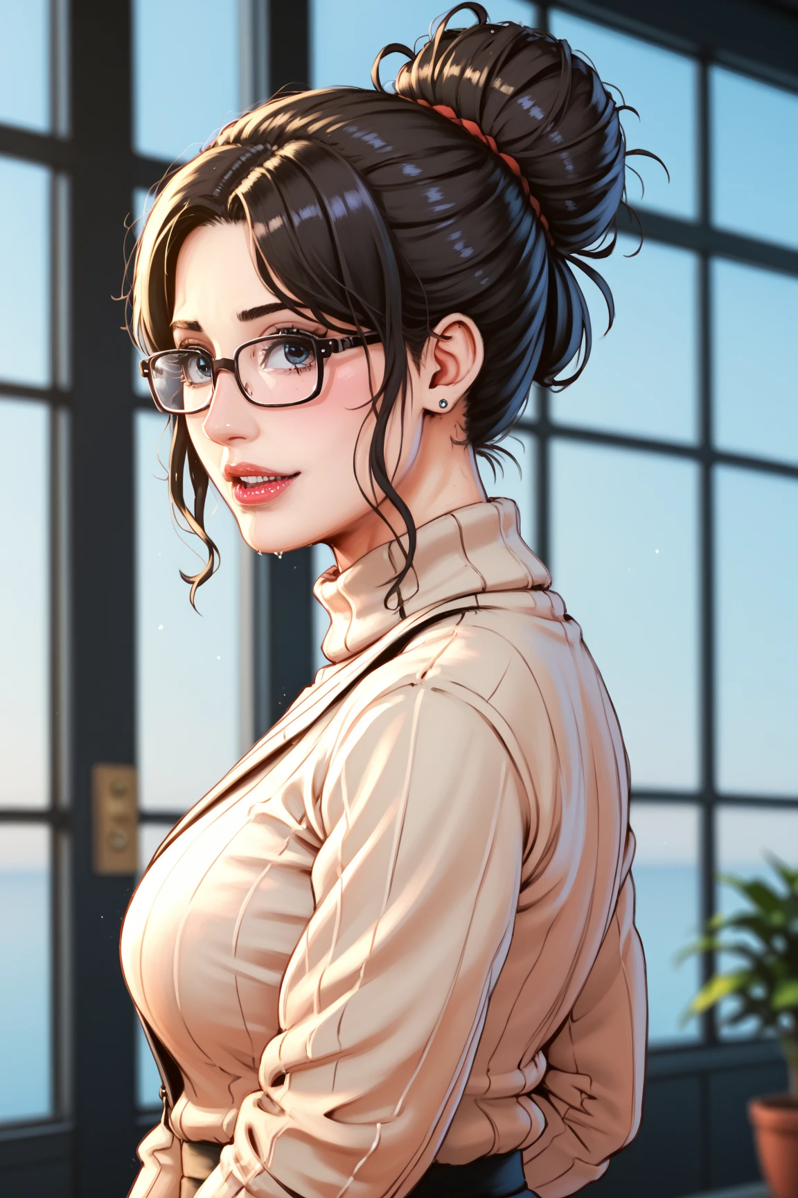 masterpiece, (photorealistic:1.5), best quality, beautiful lighting, 1girl, solo, uguisu_anko, glasses, round eyewear, brown hair, folded ponytail, black eyes, turtleneck sweater, black sweater, short sleeves, upper body, indoors