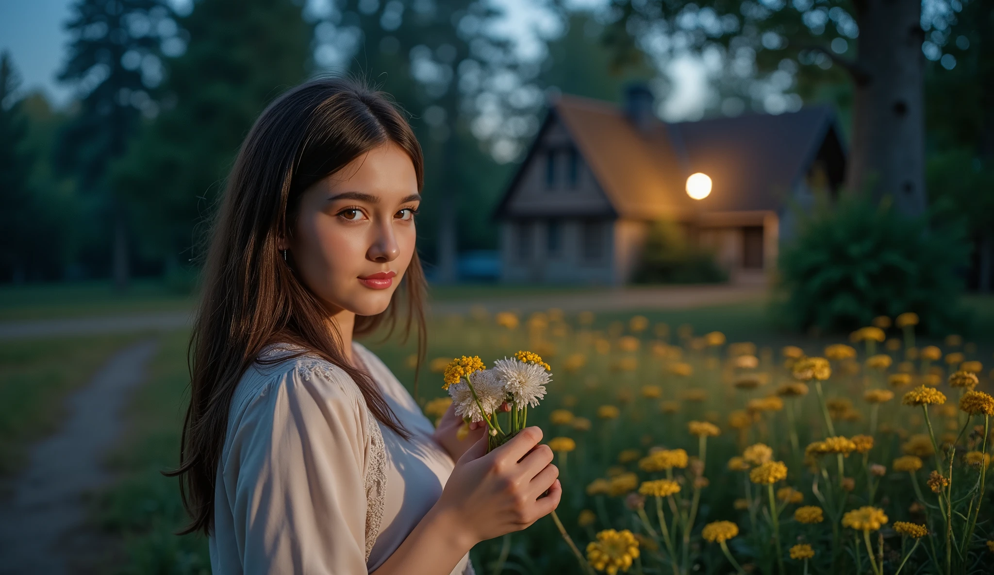 Girl muslim,(걸작,  best image quality , 8k),  real photo , perfection of fashion, full body, faint smile, Exquisitely Painted , Realistic, ultra high definition,ultra high definition, , very detailed, high quality, high detail with stars, High Resolution,Unfocused Background,female,, 18-year-old Ukrainian beauty , , colorful hair color ,Dreamy night scenery. "A vast nature full of emotion,Moonlight flowers are blooming, The moon is floating in the sky,  Soft natural light envelops her silhouette and ,  creates a warm and dreamy atmosphere . is blurred with a soft outfocus, An emotional, cinematic scene ." She is feeling nature while touching moonshine flowers, Flower fields are spread out along with a path leading to a mysterious forest with a fairytale-like atmosphere
