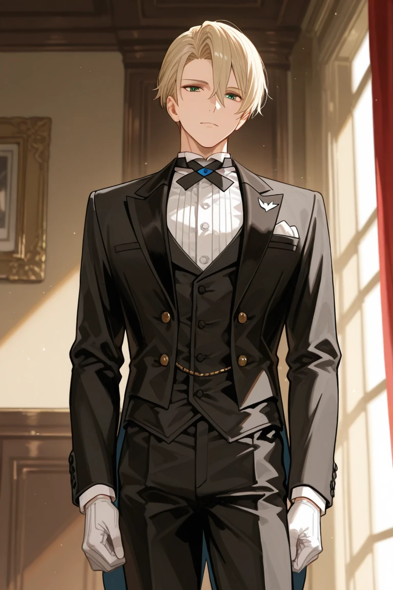 a 15 year old boy、is standing、from waist up、Golden hair、curlyhair、I have bangs、a lot of bangs、Brown eyes、A slight smil、Unreliable、Lack of confidence、Plump、suits、Game Graphics、white backgrounid、End of 19th century