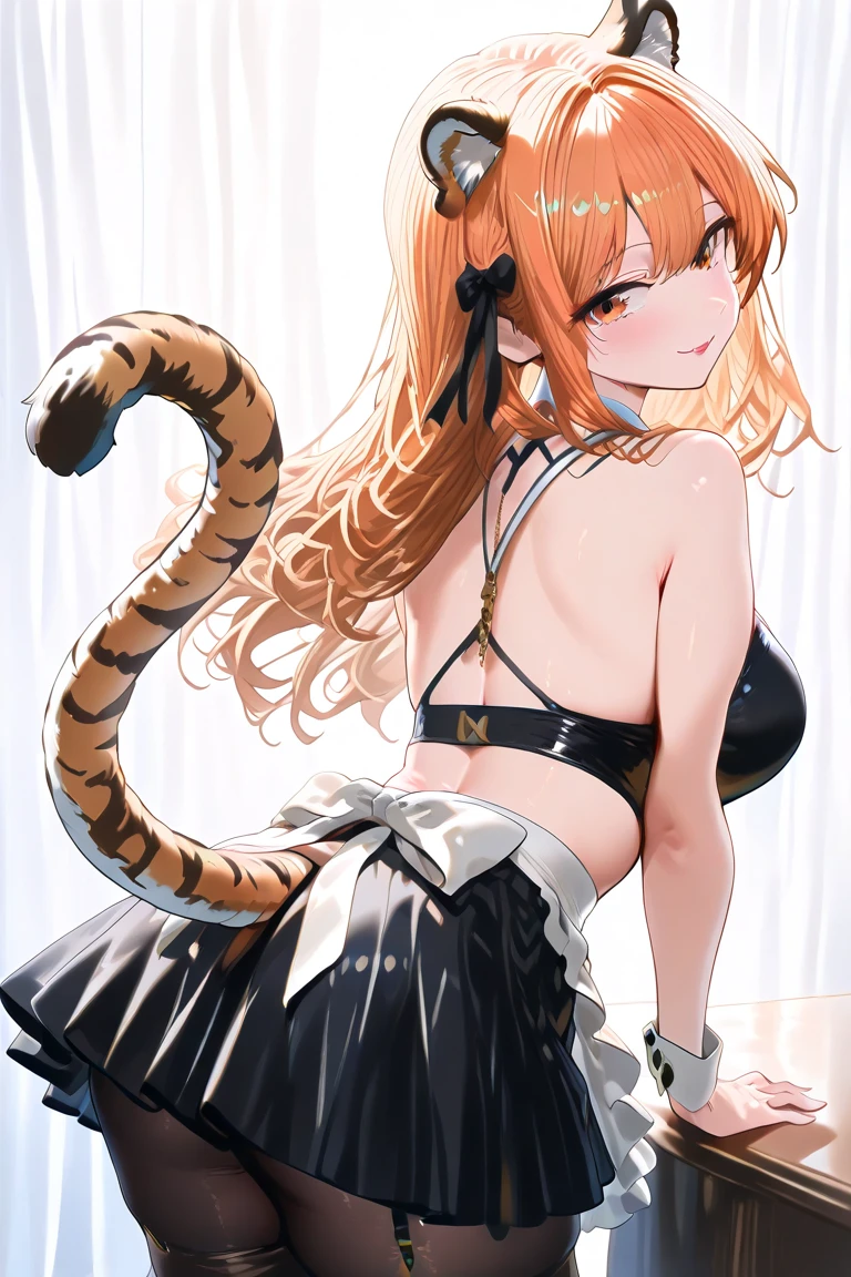 Young girl, cinnamon hair in two buns, yellow eyes, Chinese sleeveless dress, shorts, tiger tail, smile, open chest, masterpiece, high quality