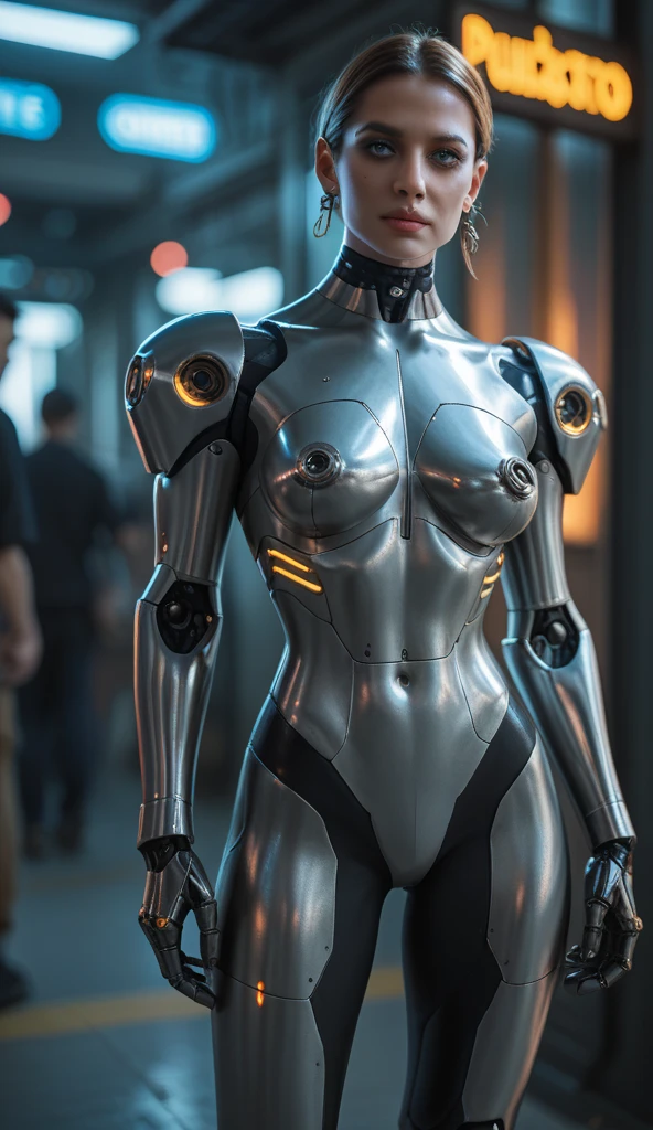 (The cyborg:1.1), (femboy:1.7),  (Suki Waterhouse:1.3), (Kristine Froseth:1.3). (face portrait:1.0). Lexx , Mass Effect , Galaxina, Terminator, Metropolis. (masculine body:1.6). (She is entirely made from plastic and aluminum). (simple mechanical engineering:1.5). (neatly drawing all mechanical parts:1.6). (neatly drawing eyes:1.5), (Garson short haircut:1.5), (open helmet:1.4), (arms behind back:1.5). articulated metal arms, unhuman articulate cybernetic face. there are metal inclusions on her face.  unhuman gaze. (identical unhuman cyborg's optical sensors:1.4). (her body is made from polished aluminum and translucent white plastic:1.4). beautiful perfect face, perfect articulate hands with five perfect articulate fingers. very sexy. mechanistic design, cyberpunk, causing sexism. (cyborg's fingers:1.3). (enhanced image quality:1.5), (sharp focused photography:1.5).