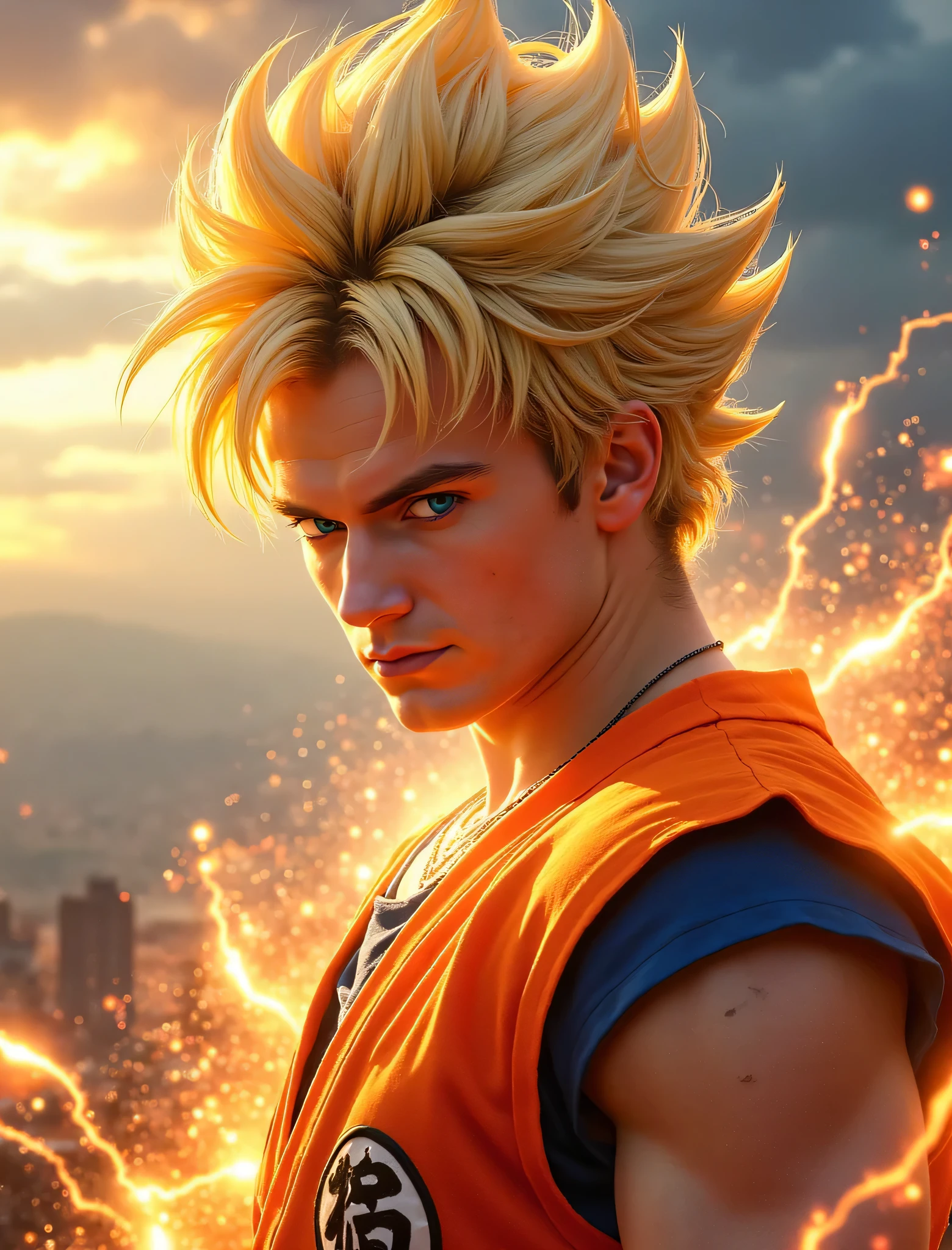 Create a realistic, vibrant photo wallpaper featuring Goku from Dragon Ball in Super Saiyan form. His face is unmistakably that of Tom Sturridge, with intense blue eyes and a determined expression. His blond hair is as realistic as possible, with individual strands flowing naturally. He should be in a dynamic fighting pose, surrounded by energy blasts and lightning. The background should be a dramatic sky with shades of orange and blue, reflecting his powerful aura. Make sure Goku’s iconic spiky hair and determined expression are highlighted for a striking, action-packed image that exudes confidence and power.