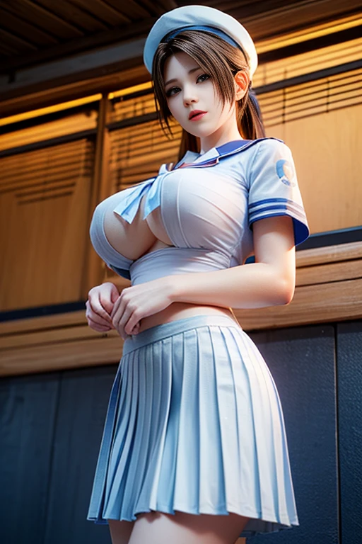 anime (Kampfer), teen lady , sexy (very big boobs), actress (Kaede Sakura) , brown long ponytails hair to hip / past hip length , blue eyes, knee highs, school uniform, ahoge, She is at the doll shop in town
