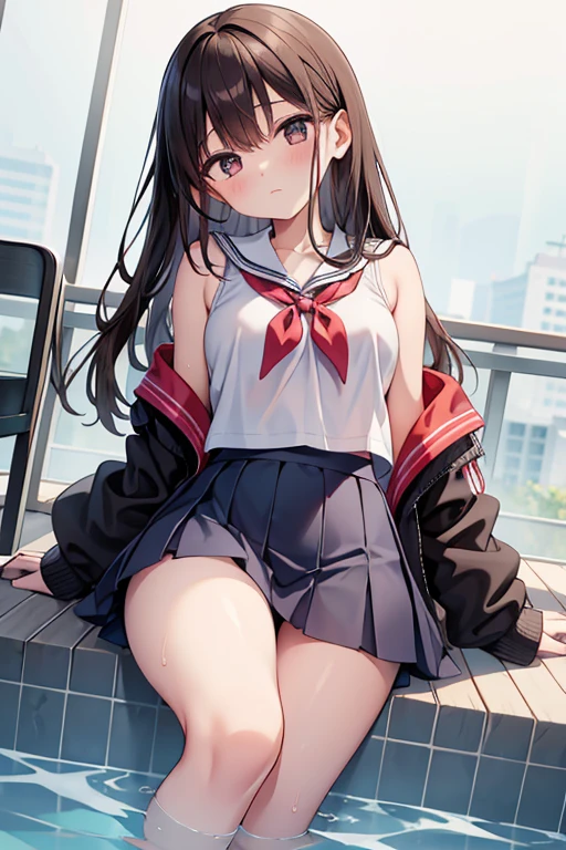 Beautiful illustration、an oil painting、top-quality、Cute s、Bedroom、red hairs、length hair、(((a black pleated skirt)))、(((White sailor suit)))、shortsleeves、a navel、Flipping up the skirt with your hands、Show white panties、Pull up your skirt and show your panties、bare-legged、blue eyess、on the beds、lovely thighs、glowing thigh