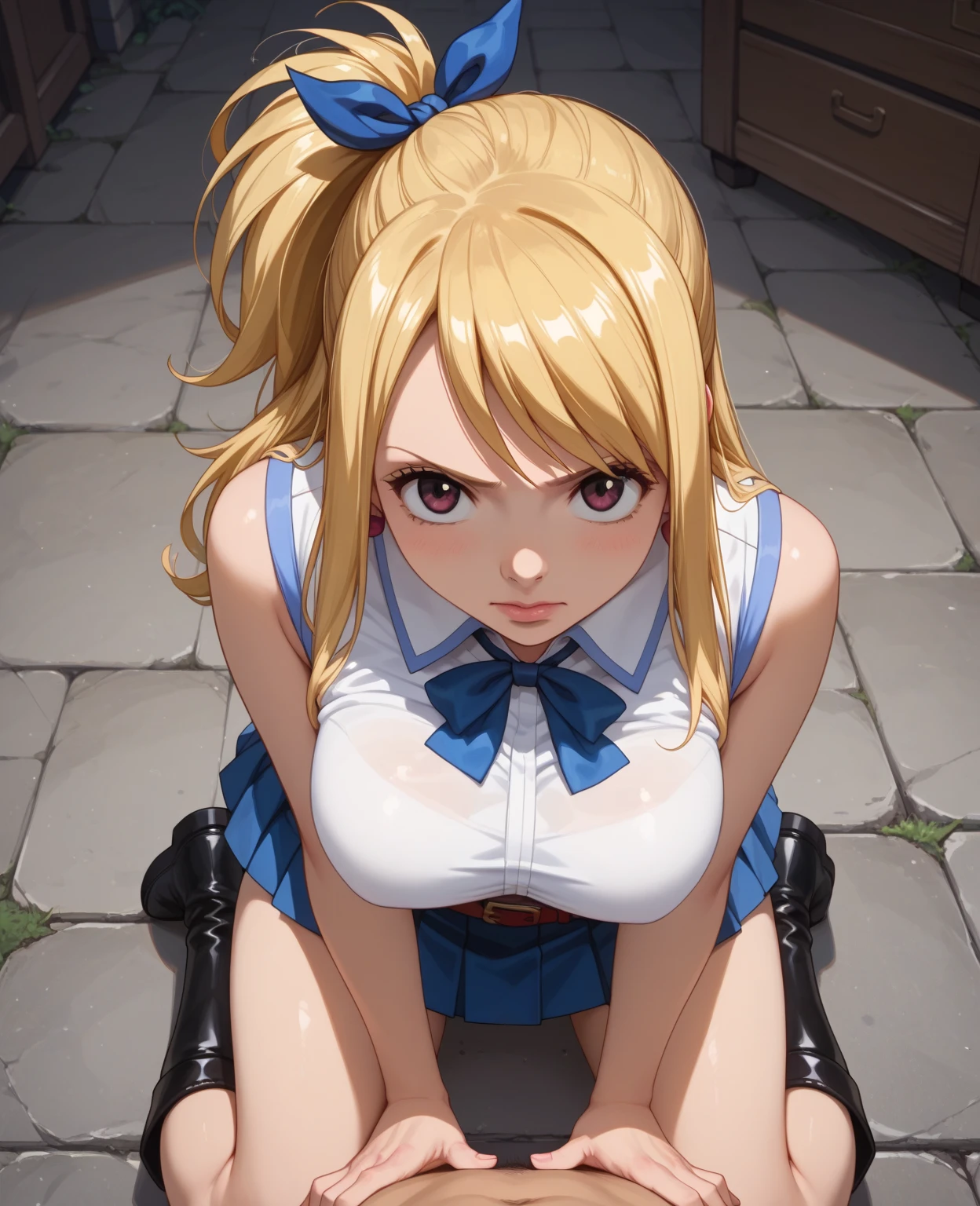 (masterpiece:1.3, highest quality, Ultra-high resolution, Very detailed), (Realistic:1.1, photoRealistic:1.4), Beautiful illustrations, Perfect lighting, colorful, Written boundary depth, Beautiful detailsまでこだわった髪, Beautifully detailed face, Beautiful details, Beautiful clavicle, Beautiful body, Beautiful breasts, Beautiful thighs, Beautiful legs, Beautiful fingers, View audience, 1 girl, Japanese, high school girl, Perfect Face, (Perfect Anatomy, Anatomically correct), Cute and symmetrical face, Baby Face, Sunburn, Shiny skin, (Middle Hair:1.5, Twin tails:1.2, blonde), Asymmetrical bangs, blue eyes, Long eyelashes, (Medium Chest), thin, ((Collared short-sleeved shirt, Light blue shirt, , Grey plaid pleated skirt, To the Navy)), No pants, (Beautiful views), evening, (Outdoor, distant cityscape), Are standing, (peace sign), (Cute Smile, Blushing、Upward glance, Open your mouth), (Very open vagina:1.4),(Sometimes inserting a thick erect penis into the vagina from below:1),(Semen overflowing from the vagina:1.2),(Tears overflowing),