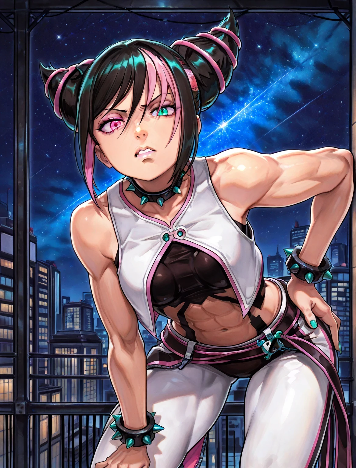 ((juri han)), ((sf6juric2)) ((masterpiece)), ((high resolution)), ((solo portrait)), {(attractive figure), (toned body), (beautiful legs), (turquoise nails), (hair horns), (pink dyed bangs), (heterochromia), (pink and turquoise eyes), (parted lips), (annoyed look)}, {(white vest top), (sleeveless), (white leggings), (baggy open black pants), (white leggings), (spiked bracelet), (spiked choker)}, {(leaning forward), (hand on hip), (head tilted up), (looking at viewer)}, ((city alleyway)), ((nighttime)), ((starry sky))