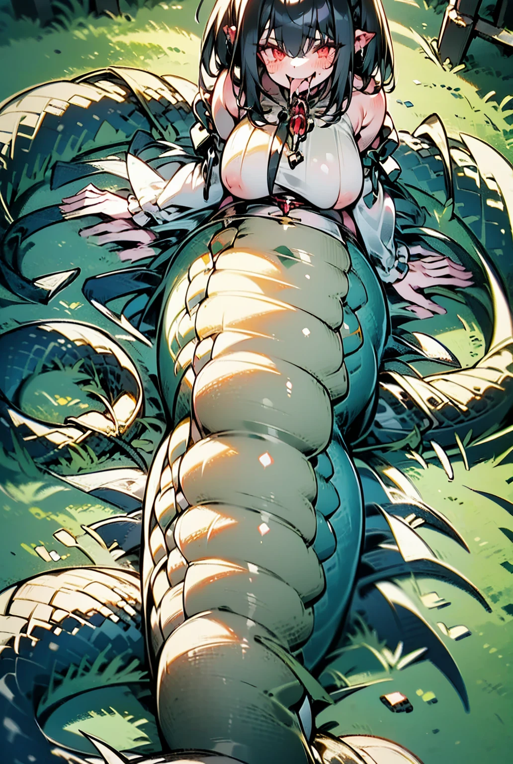 ((solo)), Ultra realistic, best quality, Young beautiful European redhead, better known as amouranth, ((no clothes)), ((naked)), ((completely naked)), thick thighs, (big thighs), (big breast), lying in bed, spread legs, snake coiling neck, snake coils around stomach, snake between legs, asphyxiation, (ahegao), moaning, (orgasmic expression), mouth open, ((snake penetrating vagina)), crosseyed, tilted eyebrows, gasping for air, choked, sweaty, drooling, ((remove clothing)), ((remove white stripes))