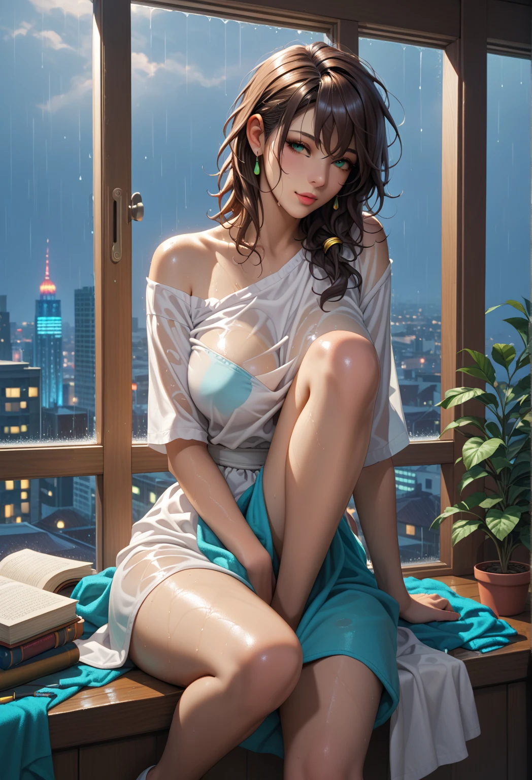 (Ultra Real), (Illustration), (High Resolution), (8K), (Very Detailed), (Best Illustration), (Beautiful Detailed Eyes), (Best Quality), (Super Detailed), (Masterpiece), (Wallpaper), (Detailed Face), Solo, (Dynamic Pose), One Girl, White Wavy Hair on the Boulevard, Losing Clothes, Japan Person, Iris Colored Eyes, (((Very Thin, Small and Short Night Dress)), Medium breasts, long legs, best ride of legs, wide waist, (without panties), (without bra)