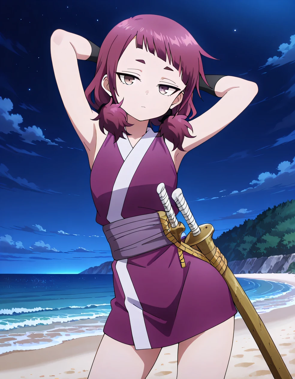 shakuyaku, sleeveless, japanese clothes, hightighs, fingerless gloves, high quality, solo, night sky, beach, hands behind head, ((contrapposto)), closed mouth, cowboy shot, looking at viewer, expressionless, best quality