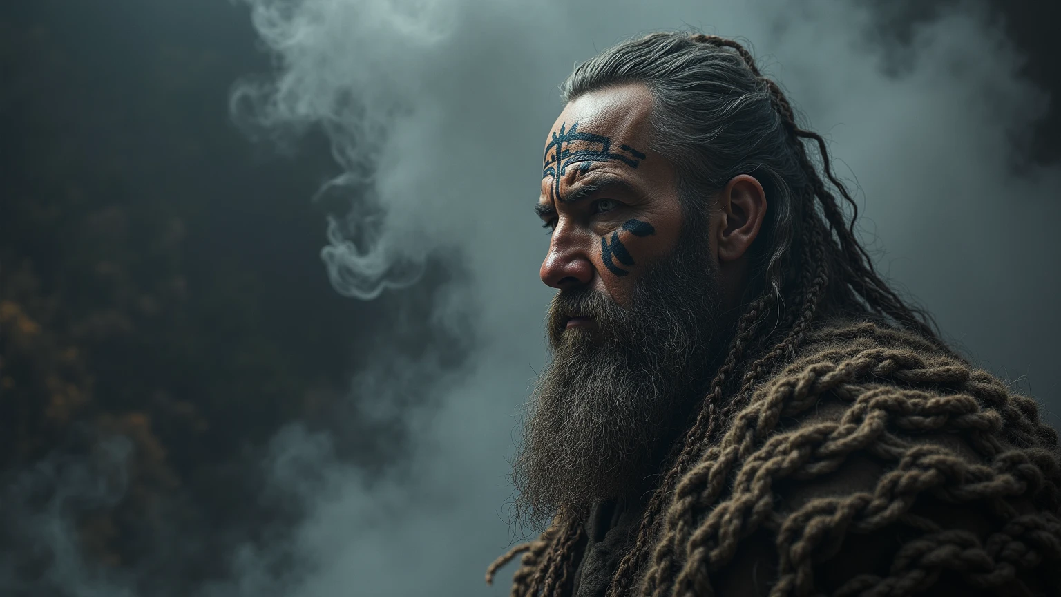 cinematic photo Close-up of ((man)) as Kratos god of war, emerging from black mud, long hair with dreads, war blue paint, paint fading, angry expression, dirty face, finely detailed eyes, moody, viking clothes