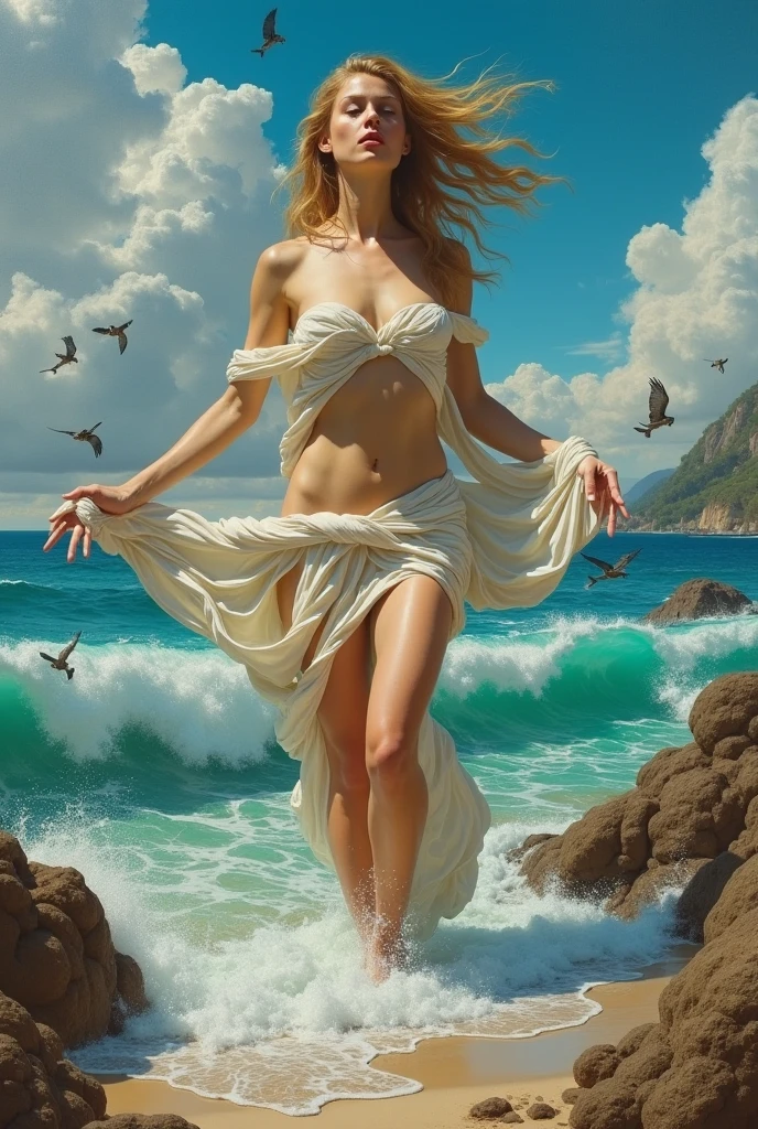 close view of full body almost naked young belgian woman covered with a transparent veil, in erotic pose , hairy pubic , background ocean waves with foam, thunderclouds, lightnings, ( renaissance oil painting style)