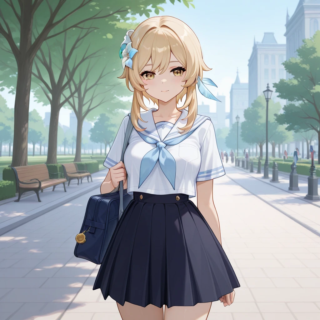 Masterpiece, hd, detailed, best quality, ponytail, (little girl),child playing, small breasts, hair ribbon, 8 y.o, 120 cm height body, 1girl, wearing white tanktop,tanktop, wearing pleated skirt, smile, (Blonde hair), outdoor, ponytail, standing, fullbody, (fullbody:1.2), wearing sandals, outdoor, wearing red backpack, (backpack:1.2), school backpack, square backpack, sandals