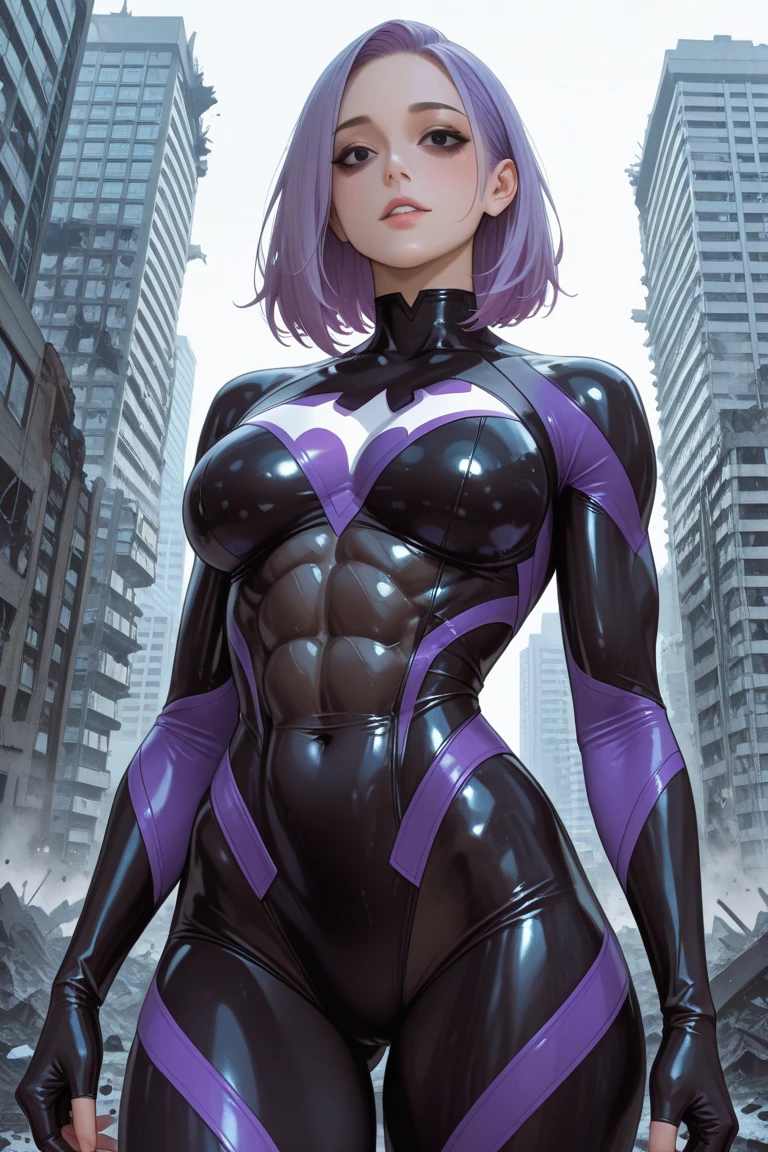 Image 16k, UHD, Super Metroid style, ((([Woman|maid| Samus Aran| Batman| Spider-Man]))),(((black clothing with white parts))), (((short purple hair))), (((green eyes))), looking at the viewer, smile, holding futuristic weapons, futuristic city, heavy rain, wet body.