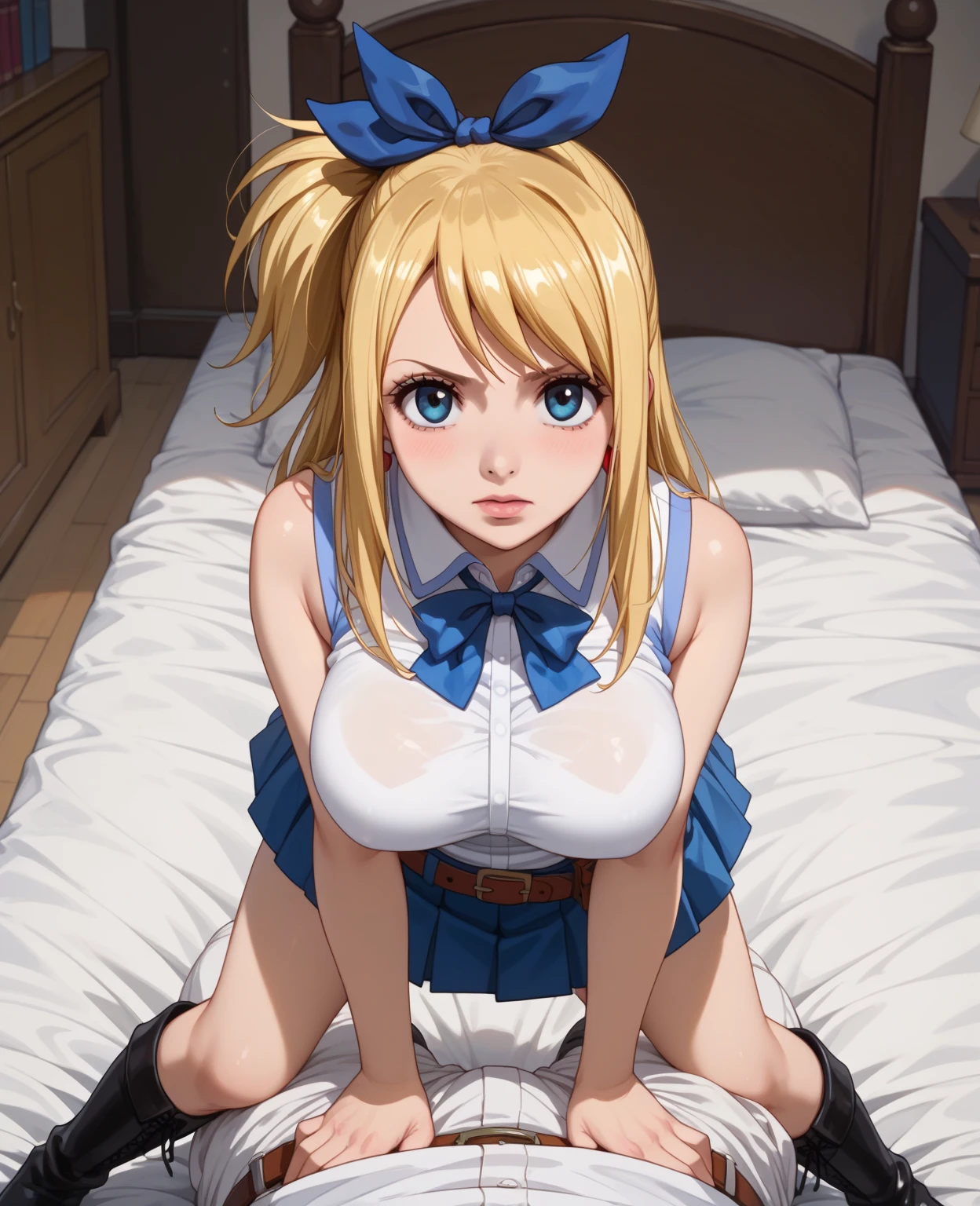 (masterpiece、best quality、extremely detailed 8k、ultra hd、ultra-detailed、highly detailed、highly realistic、photo realistic)、(beautiful realistic face、detailed realistic face)、 1 girl blonde、 Shy look、long bangs between the eyes,、Super long bright blonde straight hair、twintails、red bows、red bows in hair、Glowing big bright light blue eyes、18yo student、blonde、Beautiful white shiny skin、shirt、 short_sleeves、bare_shoulders、 blue jeans shorts、belt red、thighhighs、 striped、striped_legwear、feet、 no_shoes、