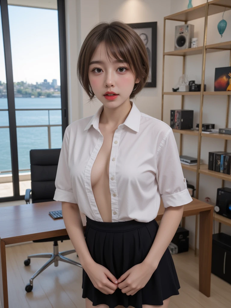 (8K, photoreal, raw photo, highest quality: 1.3), (1 girl), super beautiful, culotte skirt and white shirt, bra visible from the shirt (realistic face), (boyish, very short hair), beautiful , brilliance that captivates the viewer, beautiful facial expressions, beautiful breasts, (realistic skin), Be...