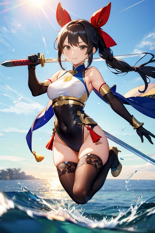 ((Finest quality)),(超A high resolution),(ultra-detailliert),((Best Anime)),sharpnes,vivid:1.1,Amazing depiction of art cloudy skies:1.5, ((1adult woman),((samurais:1.4)),Full body leotard),(Confident Face:1.1)