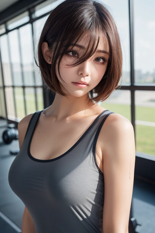 (masterpiece:1.3), (16k, photorealistic, RAW photo, best quality: 1.4),absurdres, attractive, ultra high resolution, ultra realistic, highly detailed, golden ratio, ultra detailed, super fucking beautiful detailed face, natural makeup, detailed cloth texture, detailed hair texture, beautiful detailed fullbody, Perfect female body, accurate, Anatomically correct, Highly detailed face and skin texture, (beautiful hands), (realistic skin), (beautiful pale skin:1.1), (well-aligned teeth:1.1), (beautiful large breasts, cleavage, upper breasts:1.3), (Perfect dynamic composition, looking at viewer), (Random and sexy poses:1.3),
BREAK,
realistic eyes, beautiful detailed eyes, symmetric eyes, Light Brown eyes, Double eyelids, Thin eyebrows, (Glossy lips:1.4), ((A face with waiting for a kiss:1.2)), (blush:1.1), (A sparkling small hair accessory:1.1), (beautiful smile:1.1), (sweat skin,blush:1.2),
BREAK,
((short hair, bob, Dark blonde hair, bangs:1.2)), (Fitness Gym, sportswear:1.3)