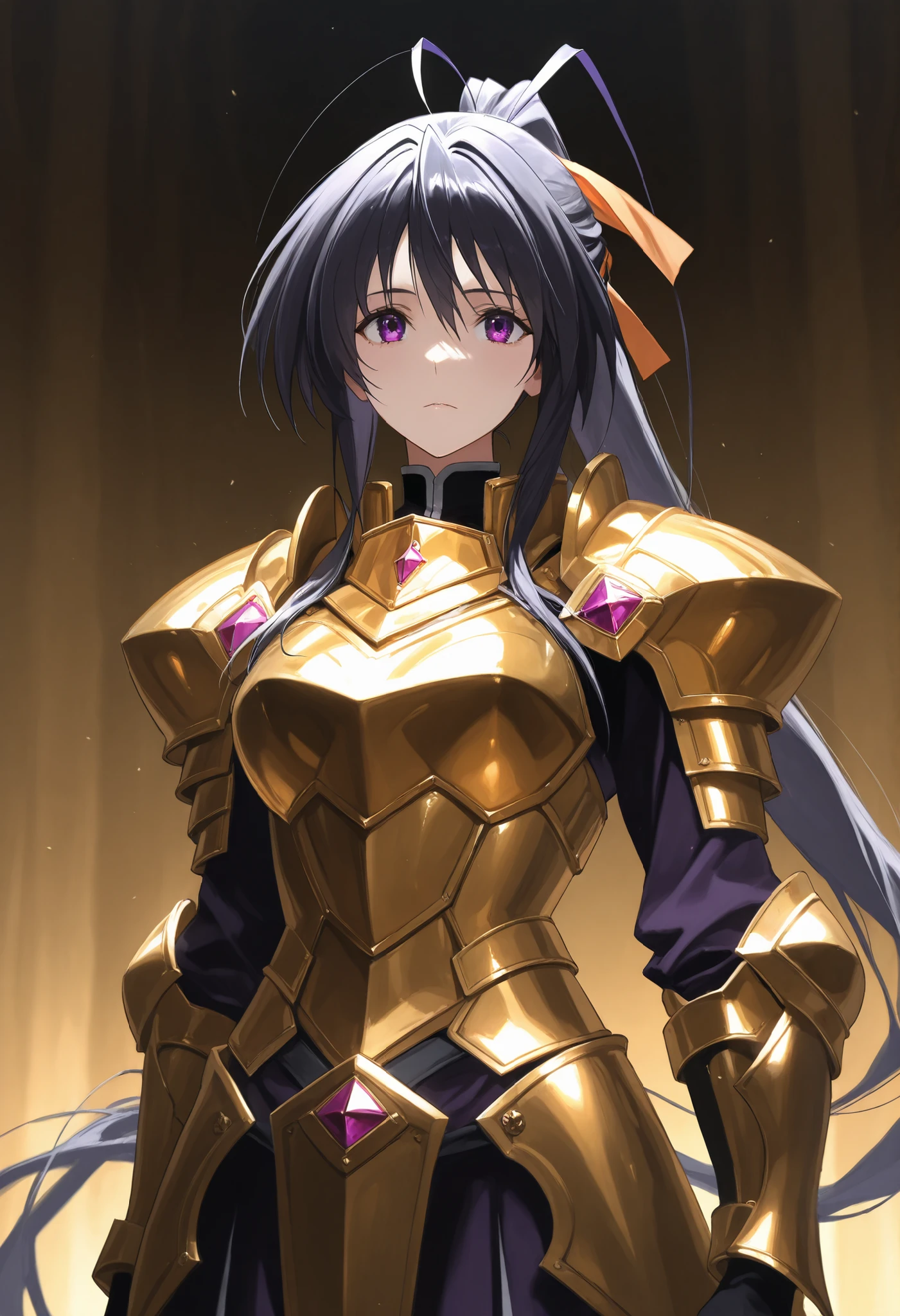 score9_up, score8_up, score7_up, solo, alone masterpiece, best quality, akeno himejima, long hair, black hair, ribbon, very long hair, purple eyes, hair ribbon, ponytail, antenna hair, warrioress, gold armor, very beautiful