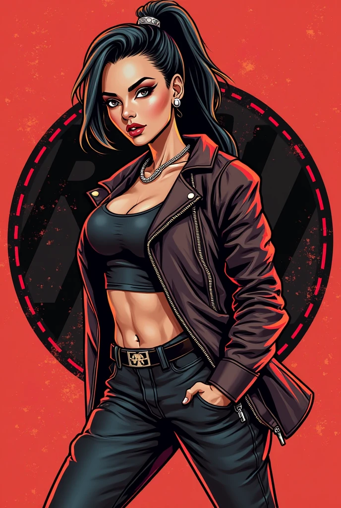 1 woman 30 years old, One, long straight black hair, bang,I look at the viewer, detailed eyes, shy smile,Jewelry, medium breast, earrings,belt, blue leather jacket over a tight red t-shirt,mini skirt,sheer white tights,NECKLACE, bracelet, lips,((Dynamic angle)),