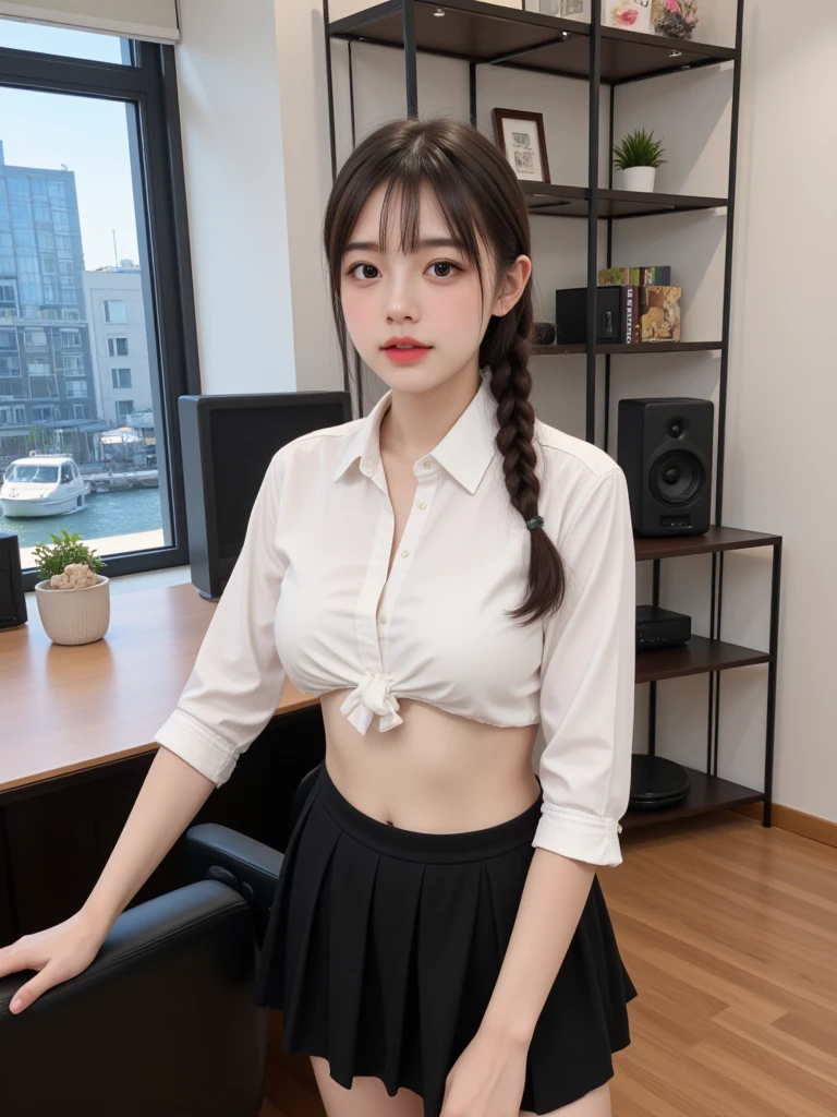 (8K, RAW Photos, Tabletop:1.3), (Realistic, Photorealistic:1.37), (night), (View your viewers:1.331), (Gray Hair), Pause, Karaoke box interior background, Singing with a microphone, Soft Light, One Girl, Very beautiful face, bust, Put your hands down, Random hairstyle, smile, Big eyes, Lower abdomen, (Short sleeve .Hmph_White shirt), Hmph_style, (White mini skirt), (Bow Ticker_tie), Mix 4., Highest quality