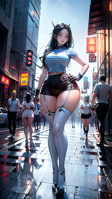 (ULZZANG), (HUGE FAKE BOOBS:1.2), (STREET CITY NIGHT), (FUTURISTIC MECHA CROP TOP:1), (CLEAVAGE), (SKINTIGHT YOGA PANTS:1), (HIGH HEELS), (PERFECT BODY:1.2), (FULL BODY:1.2), (LOOKING AT VIEWER), (STANDING:1.3), SEXY BODY, (MUSCLE ABS:1), UHD, 8K, 1080P.