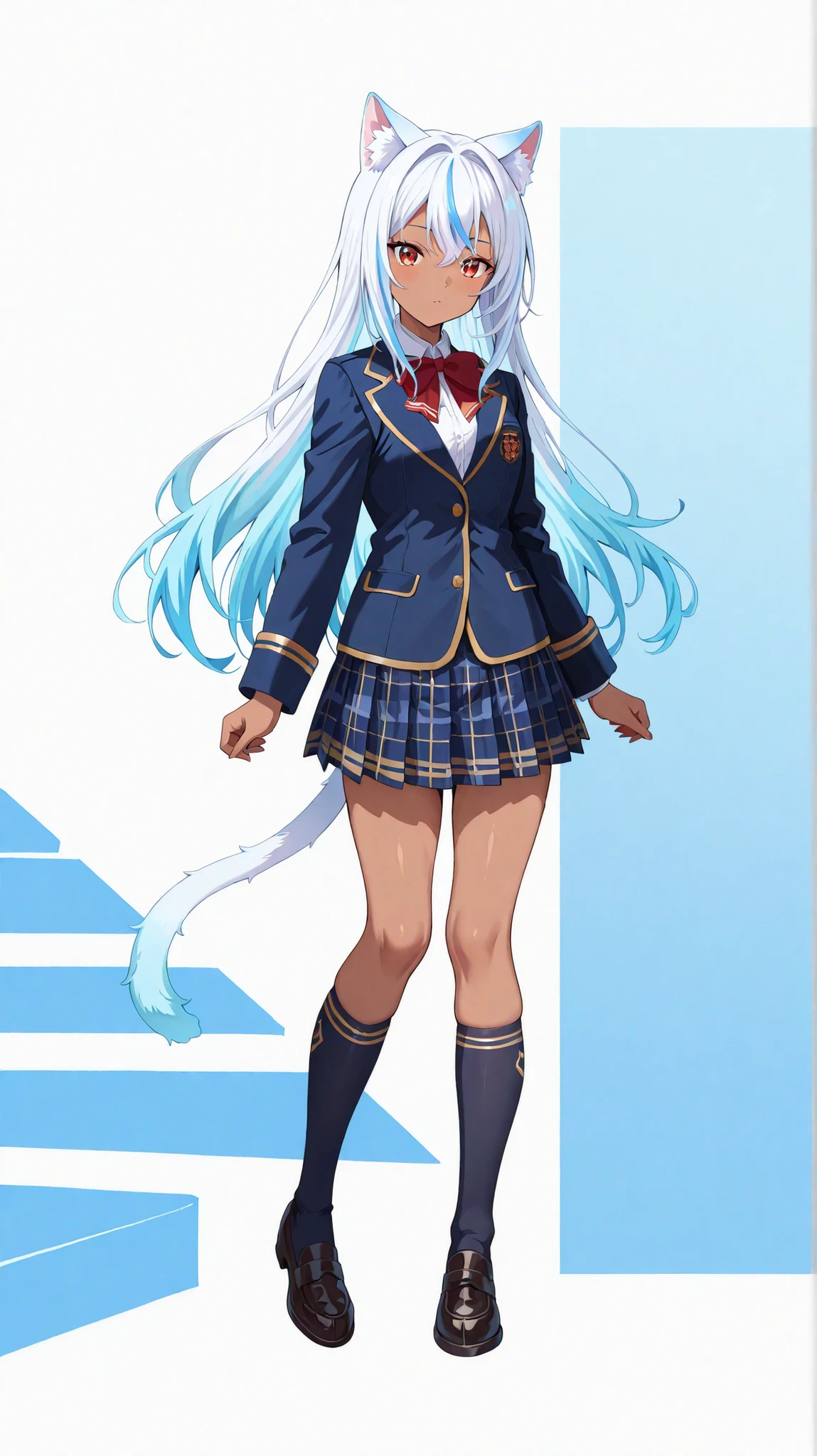 1girl, anime style, dark skin, red eyes, long hair, multicolored hair, white hair, icy blue hair,, cat ears, cat tail, navy blazer with gold trim, white shirt, red and navy plaid pleated skirt, knee-high socks, black loafers, elegant expression, school steps background, soft natural lighting