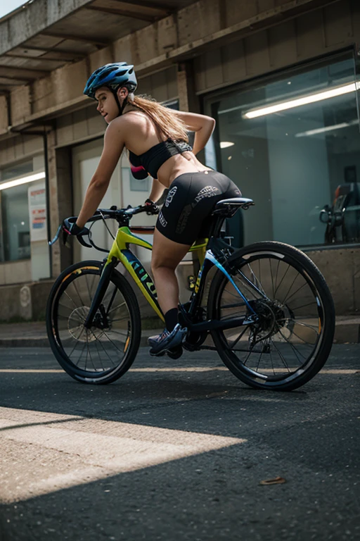 beautiful woman ,30 years old, dark bown eyes, dark brown hair, riding bicycle, wearing tight cycling fullbody, perfect face, one beautiful woman, oval face, senseful lips, big brown eyes, 30 years old, slim sporty body, middle size breast, front view, wide angle, no text, sunny weather, backgorund blurred, sefie shot, cinematic lighting, motion blur, film grain, very detailed, 30 years, natural wave hair, dark brown eyes, high-res, masterpiece, best quality, intricate details, highly detailed, sharp focus, detailed skin, realistic skin texture, texture, detailed eyes, professional, 4k, 85mm, shallow depth of field, kodak color vision, perfect fit body, extremely detailed, photo_\(ultra\), photorealistic, realistic, post-processing, maximum detail, roughness, real life, ultra realistic, photorealism, photography, 8k uhd, photography (grain of film) medium shot for closeup shot, (no glasses):2.0, real life, ultra realistic, photorealism, photography, 8k uhd, photography (grain of film), beautiful long face, perfect face, oval face, charming look, lovely eyes, flirty look