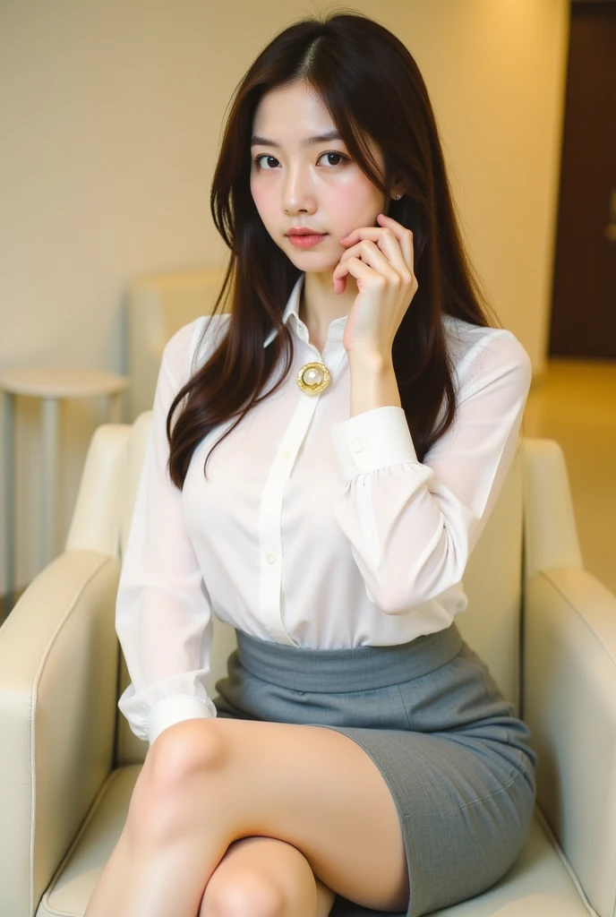 +indoor, office,best quality, ultra high res, (photorealistic:1.4), 1girl, black office suit, white shirt, (red lips), (Kpop idol), (aegyo sal:1), ((black long hair:1.2)), looking at viewer, charming, ((office suit)), sitting in an office chair,