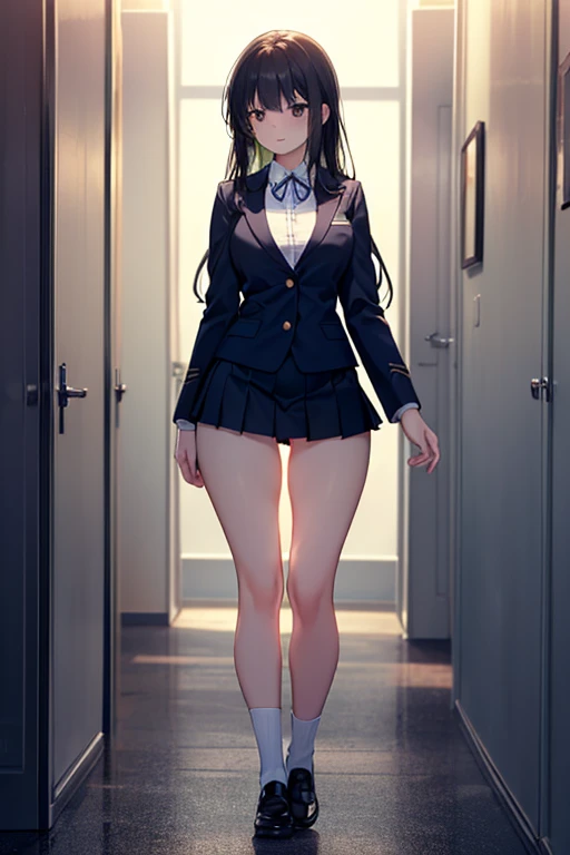 (1 girl standing with open legs:1.2), solo, (naked:1.4), standing in glass wall, BREAK, (thin long legs:1.4), (short torso:1.5), (large perky breasts:1.2), (thin waist:1.2), BREAK, (black thighhighs:1.2), (long necktie), highheels, (pigeon toed:1.2), BREAK, smile for viewer, nose blush, open mouth, heavy breathing, BREAK, full body, masterpiece